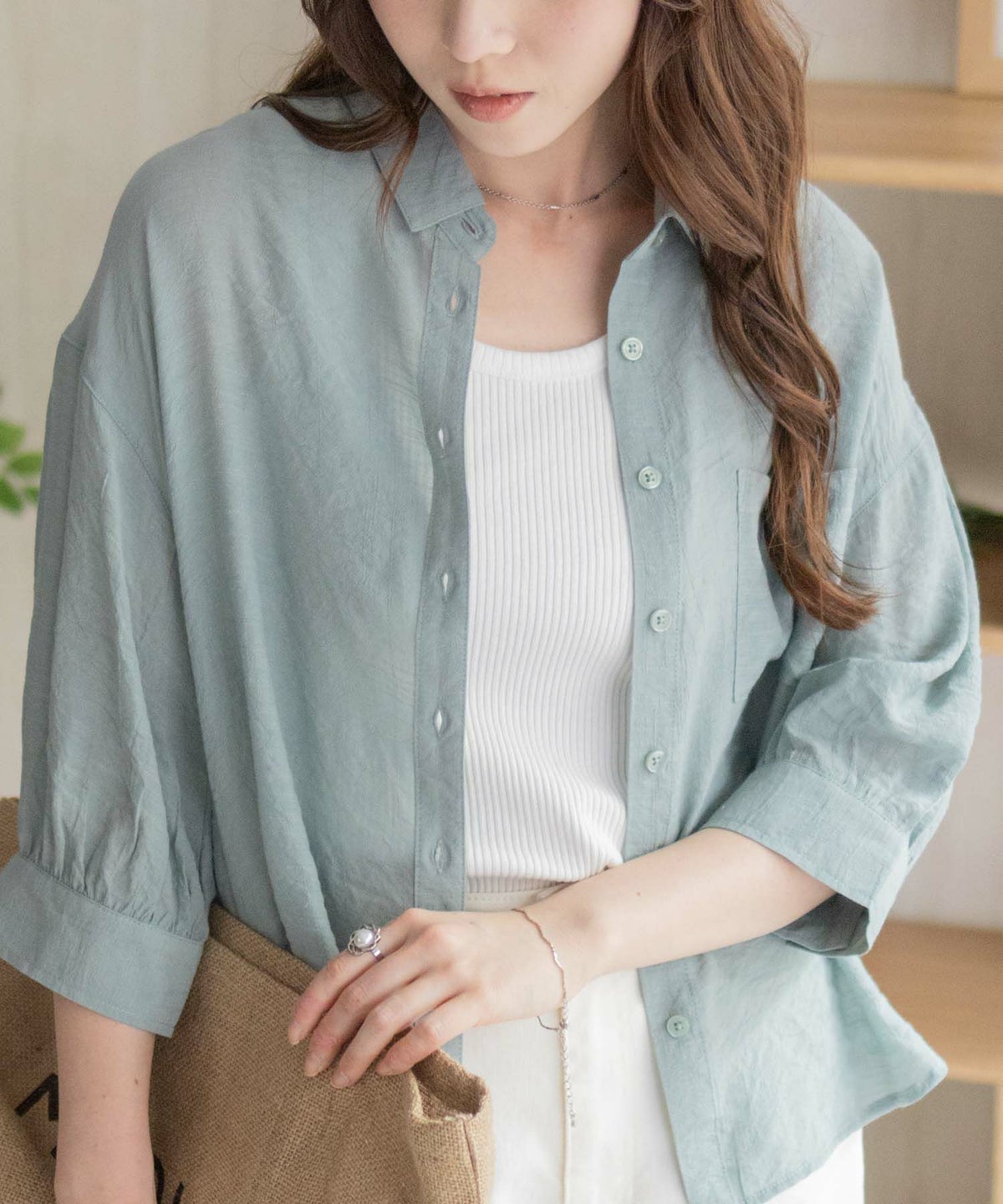 nAvy スラブ前開き7分袖シャツ レディース