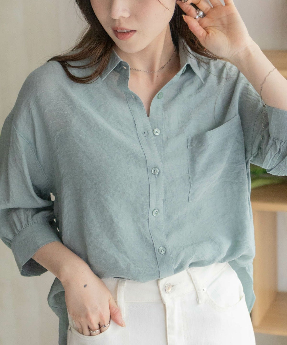 nAvy スラブ前開き7分袖シャツ レディース