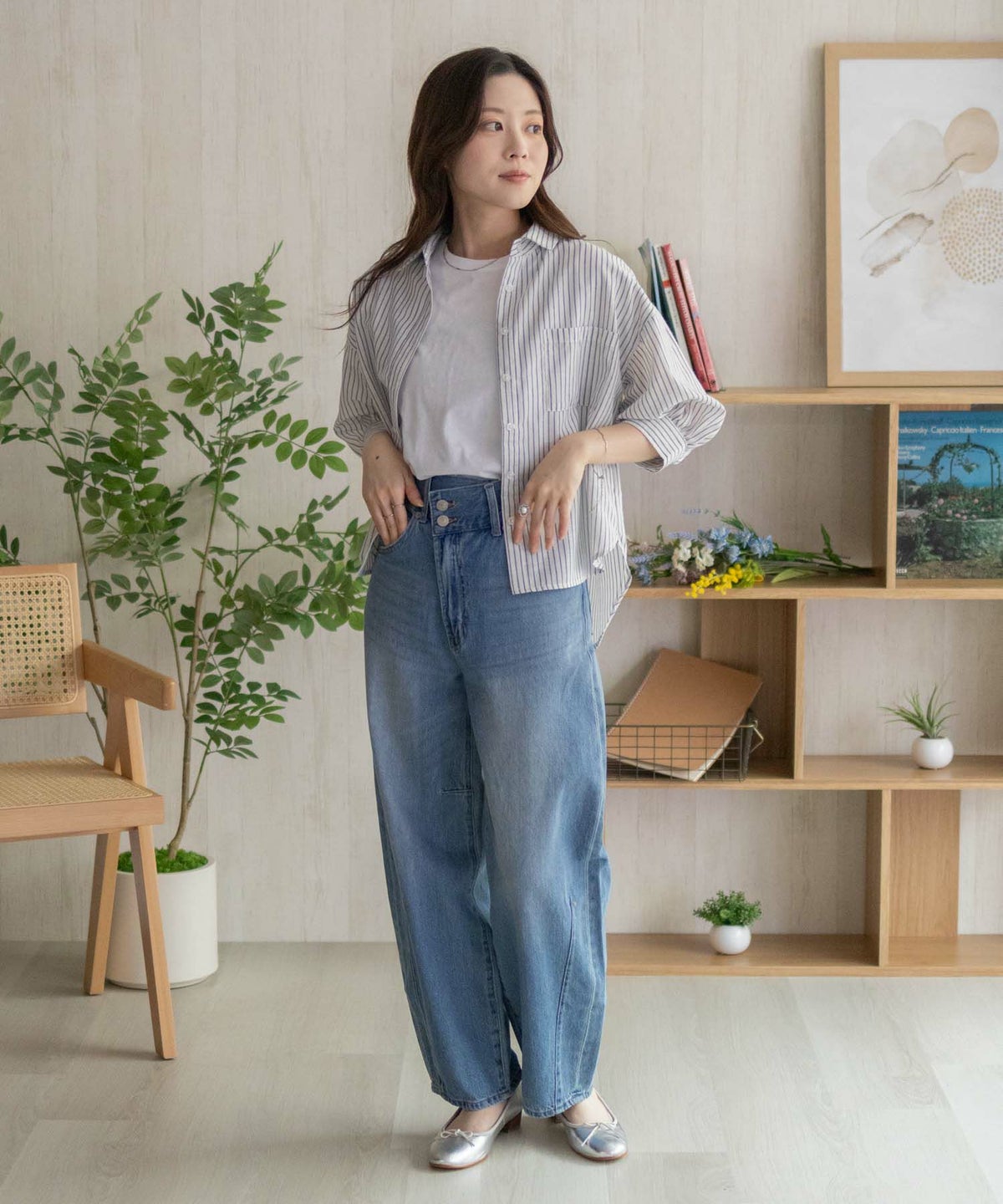 nAvy スラブ前開き7分袖シャツ レディース