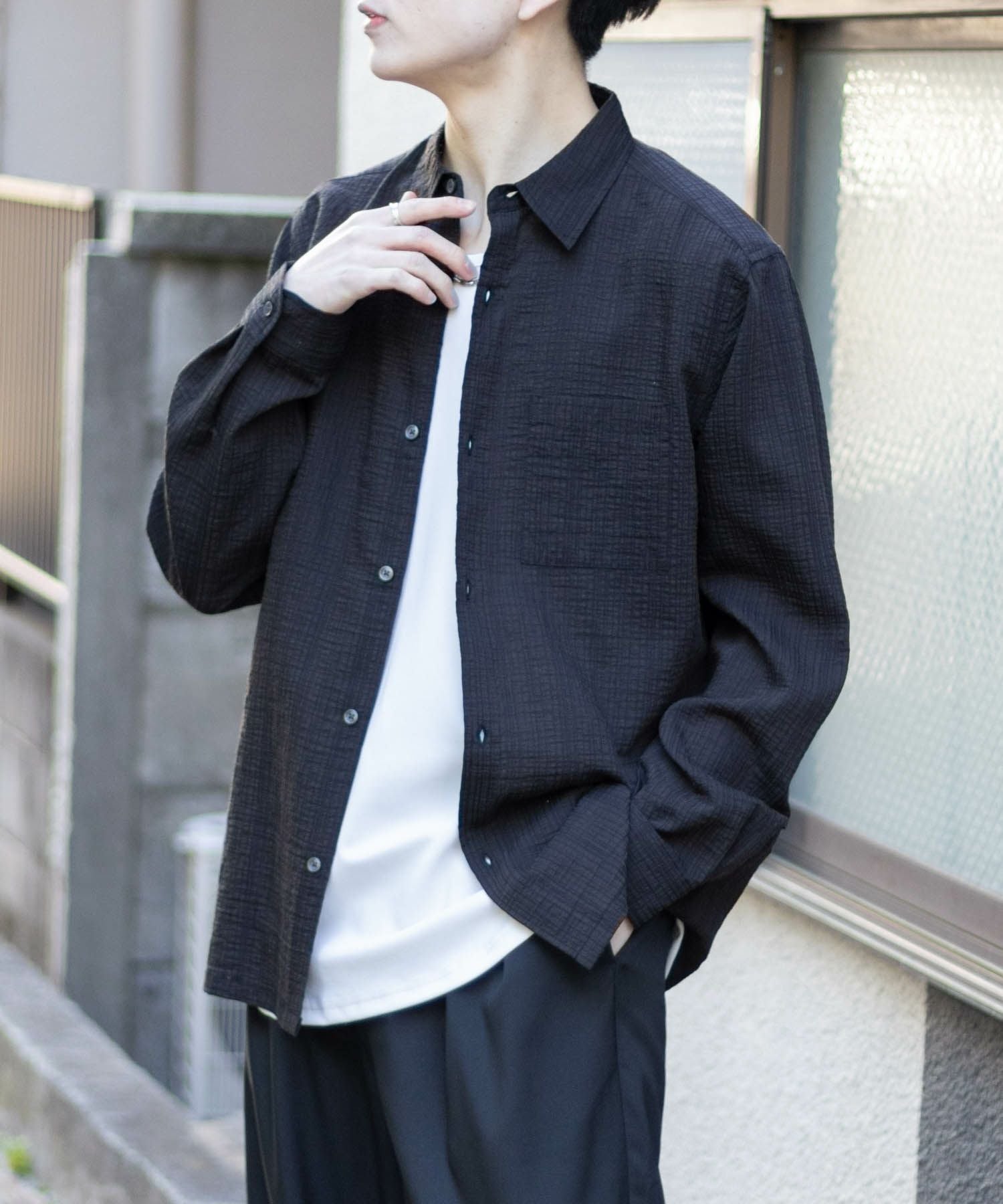 【ブラック 21】格子ジャガード長袖シャツ (MENS) MOSSIMO シアジャガードシャツ メンズ