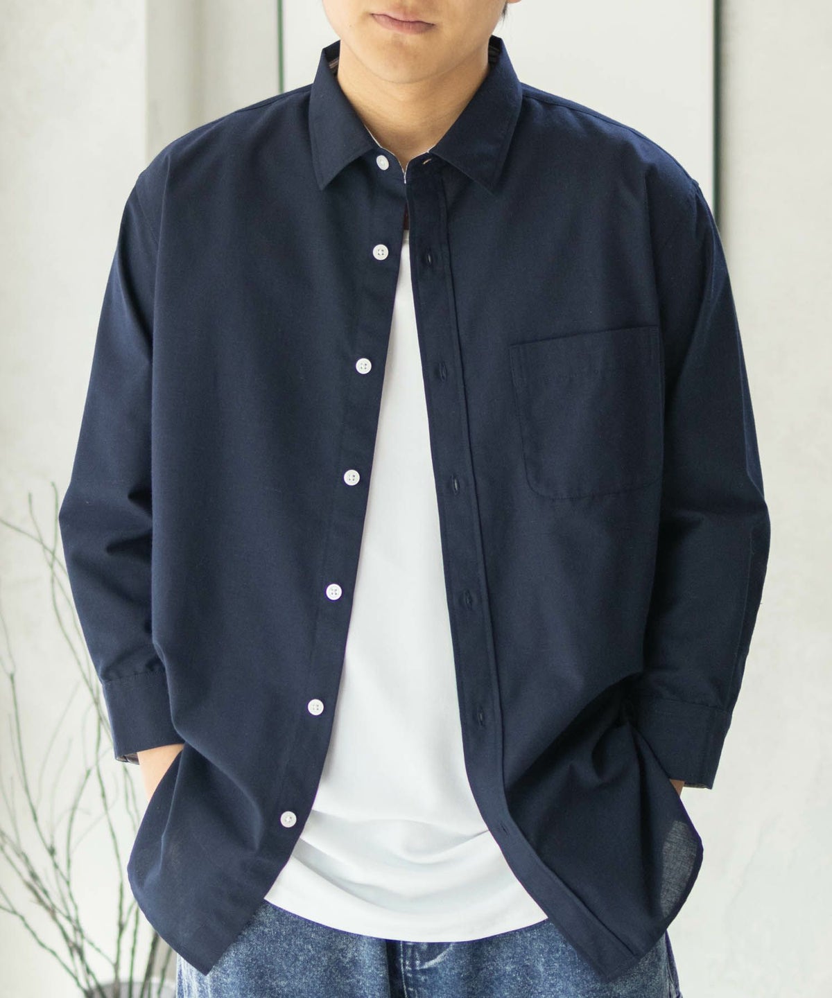 NAVY COOLMAX リネン七分袖シャツ メンズ