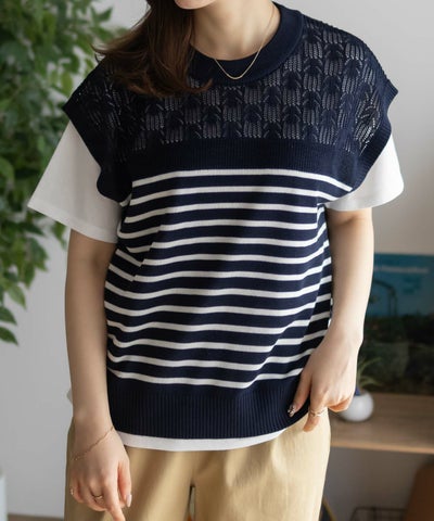 NAVY パネルボーダーニットアンサンブル レディース