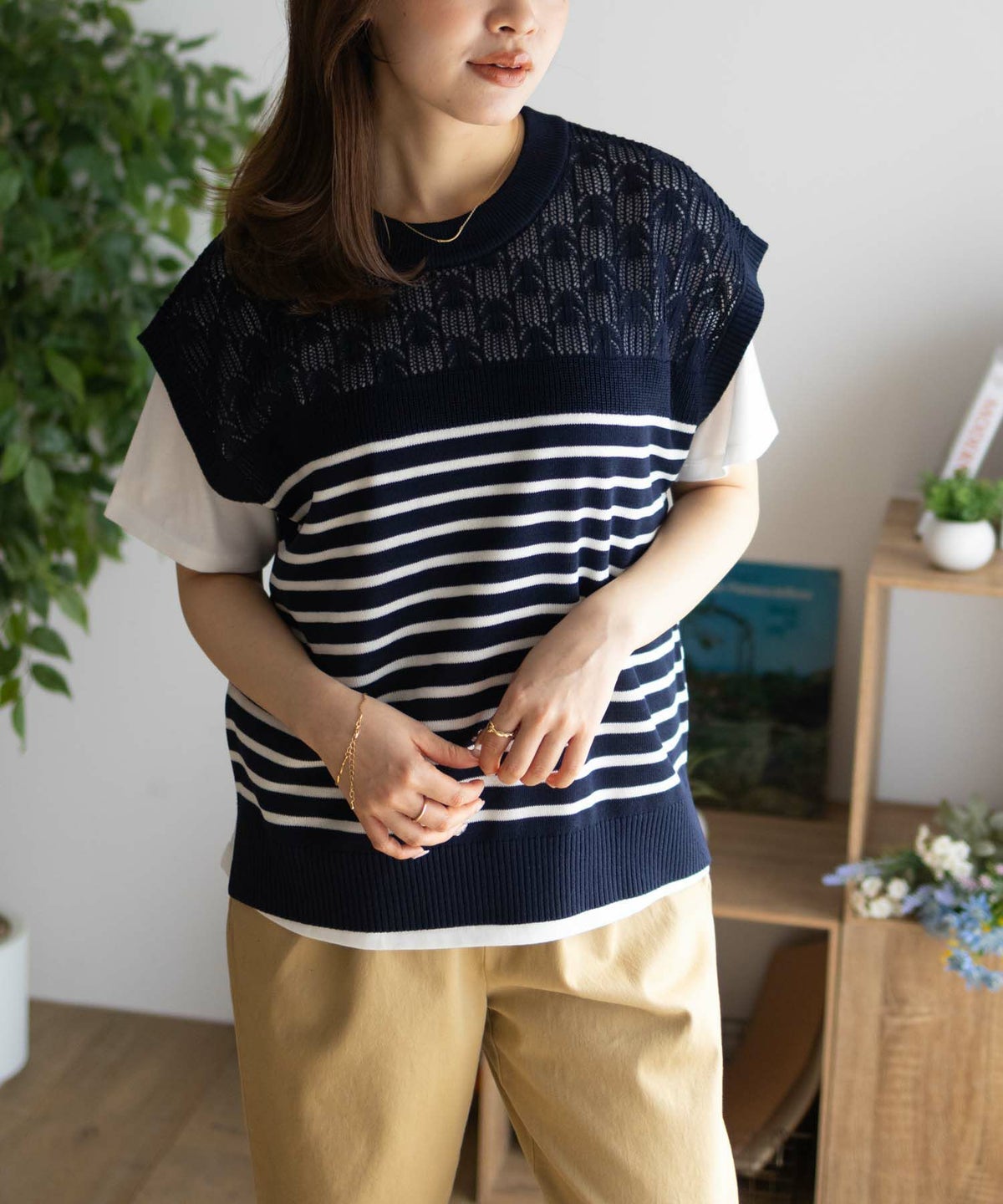 NAVY パネルボーダーニットアンサンブル レディース