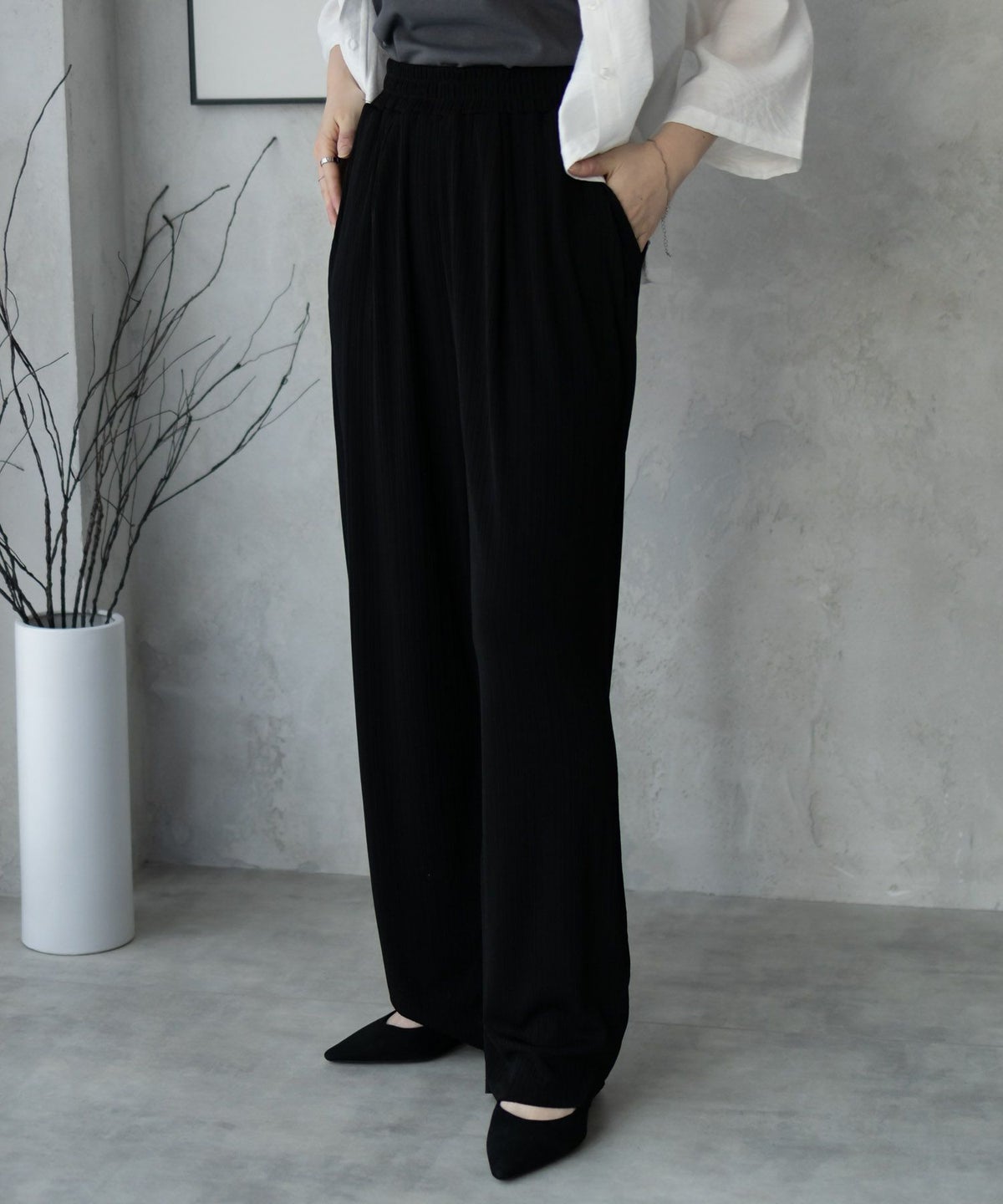 NAVY カットリブワイドパンツ レディース