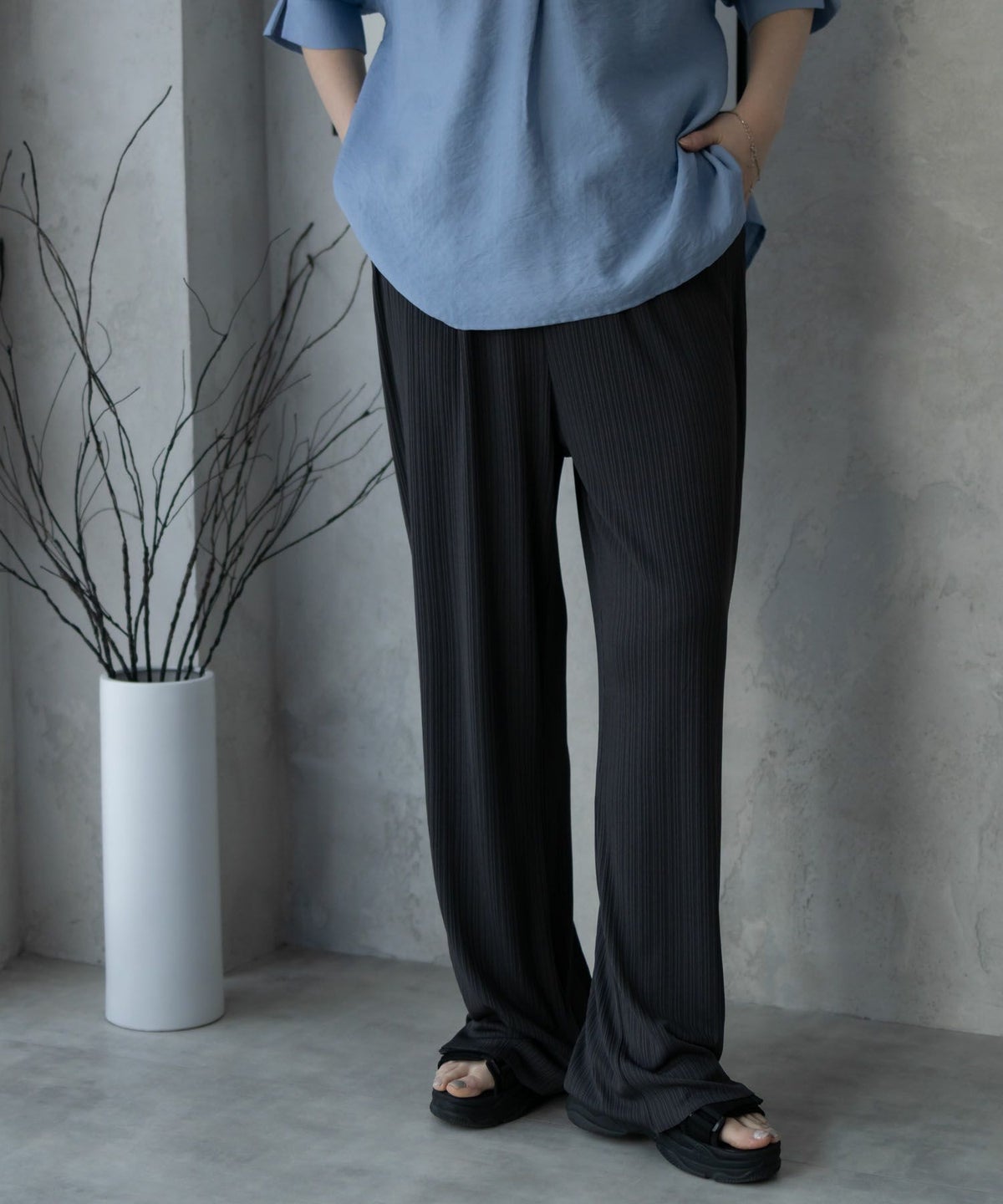 NAVY カットリブワイドパンツ レディース