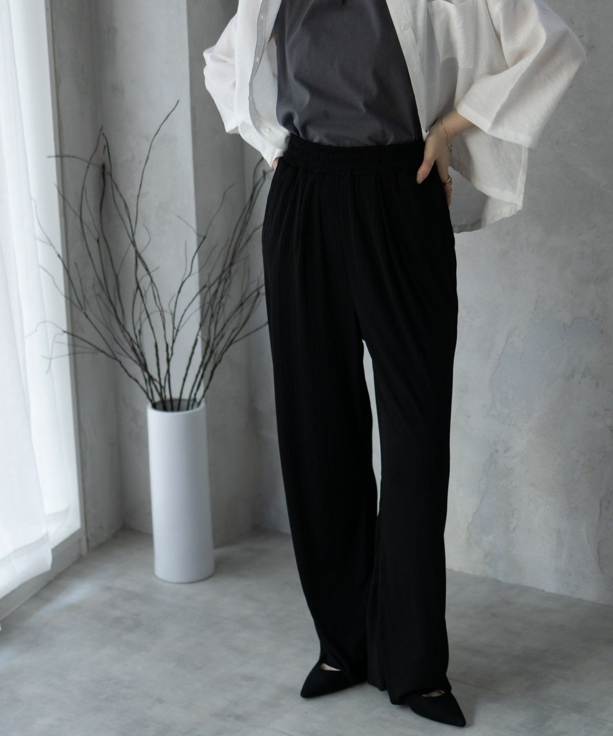 NAVY カットリブワイドパンツ レディース