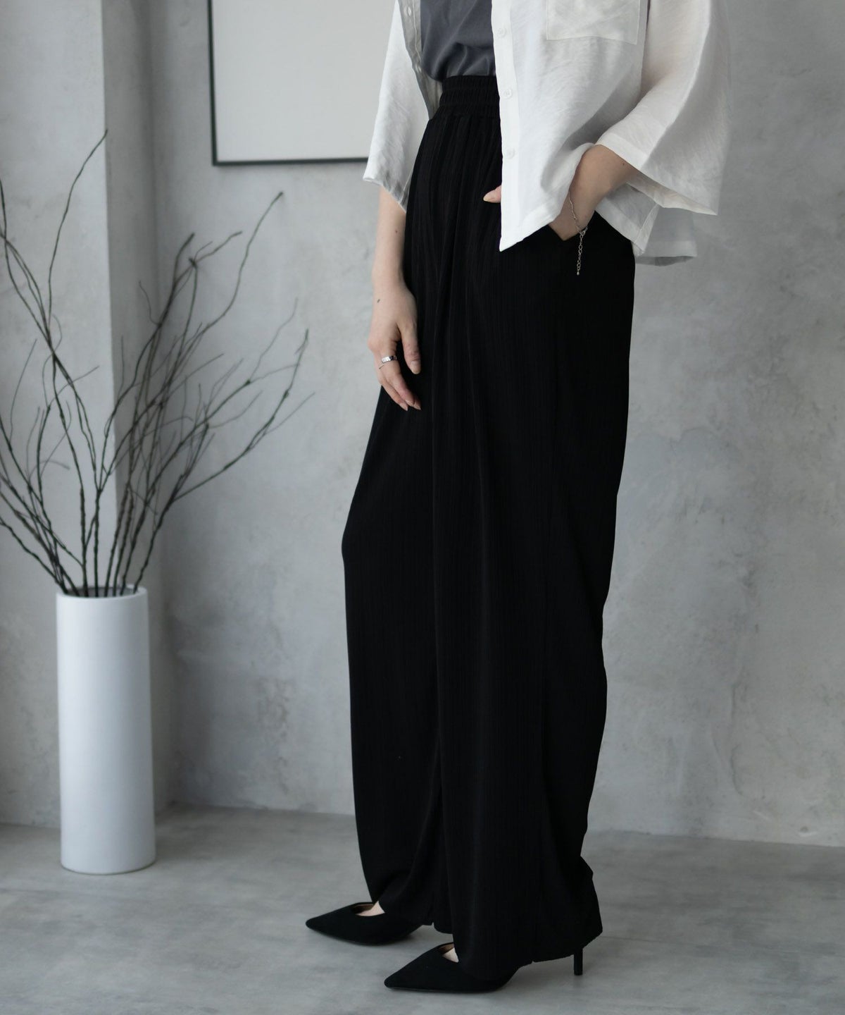 NAVY カットリブワイドパンツ レディース