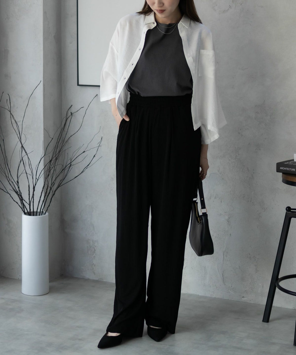 NAVY カットリブワイドパンツ レディース