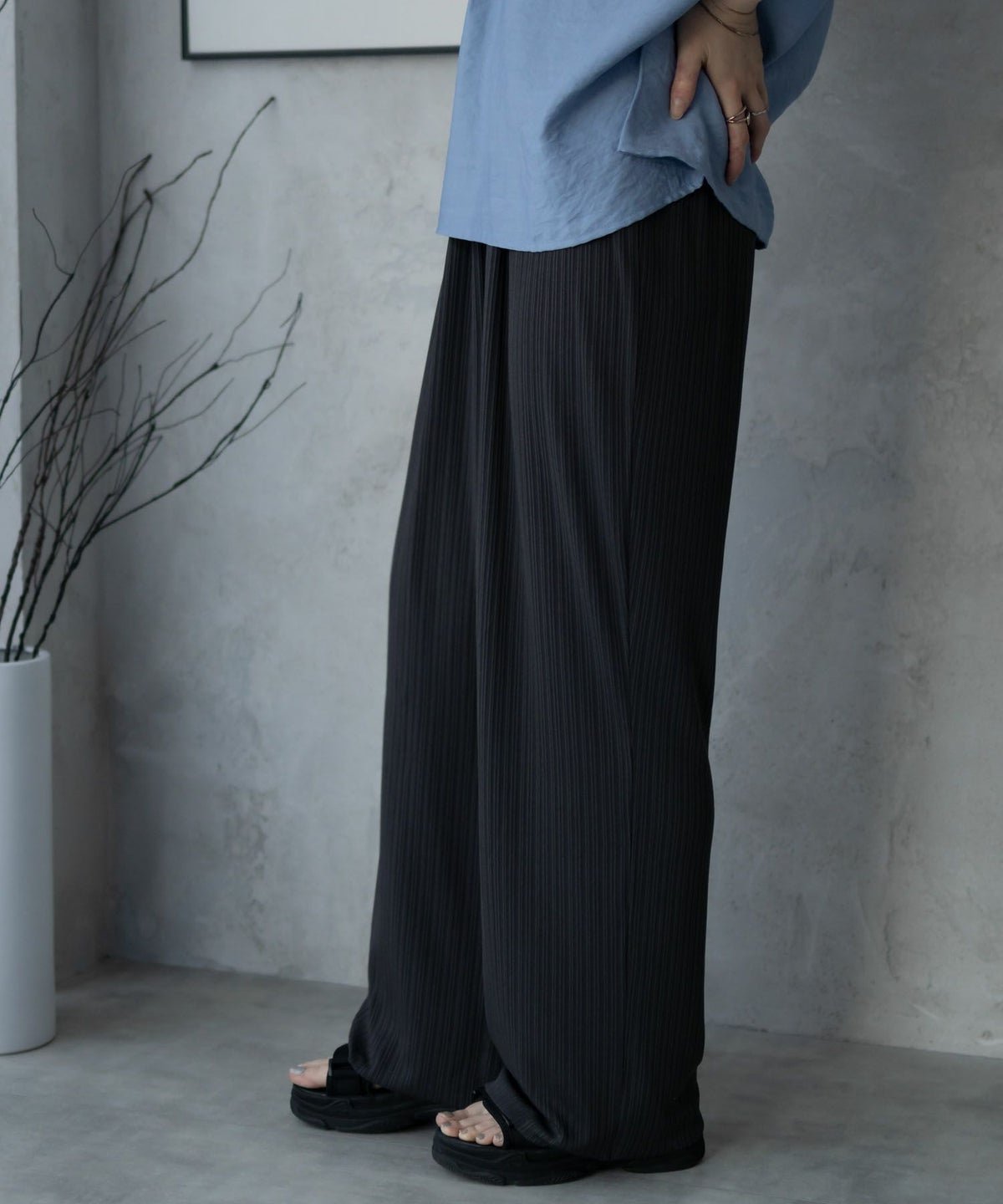 NAVY カットリブワイドパンツ レディース