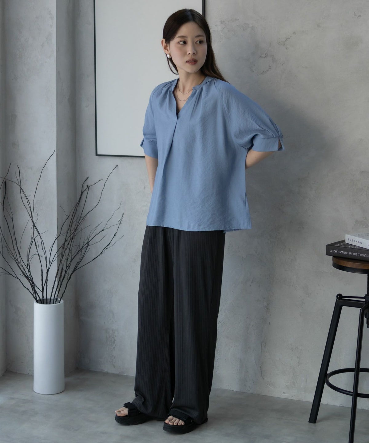 NAVY カットリブワイドパンツ レディース