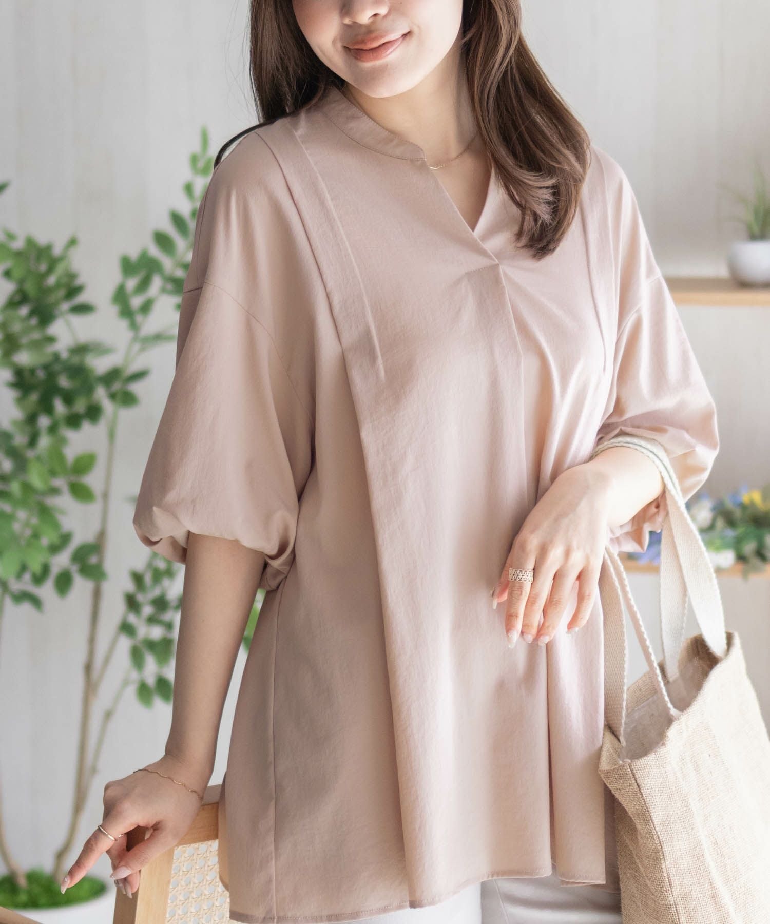 長袖ケーブルパフチュニック ピンクベージュ mideal（マイディール）の「mix color cable tunic / ミックスカラー