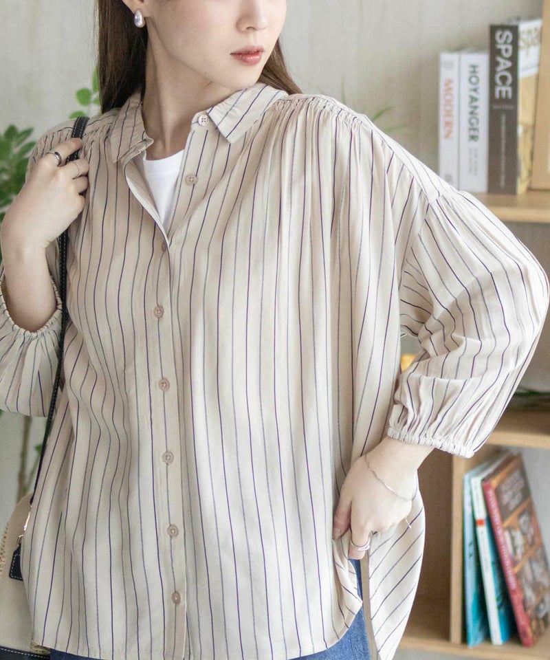 Howdy Marie  インドファブリック 7分袖シャーリングチュニック レディース商品画像-1