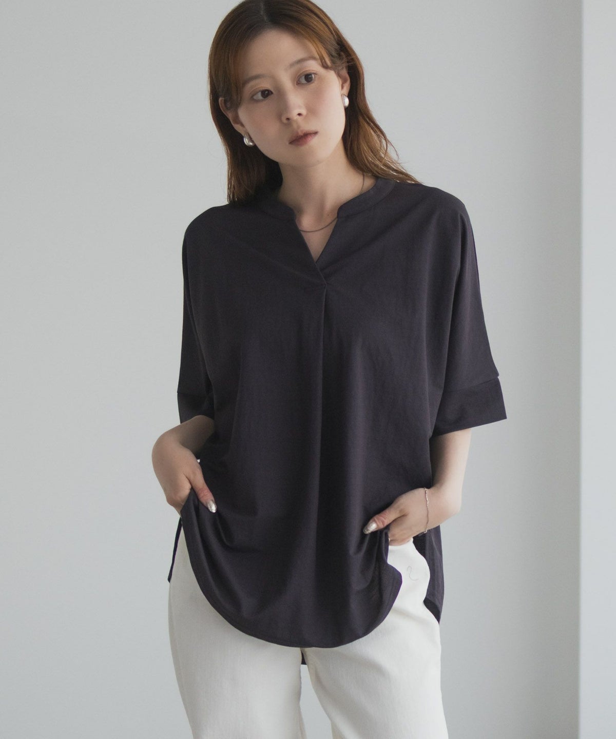 nAvy SARARI スキッパー5分袖ブラウス レディース