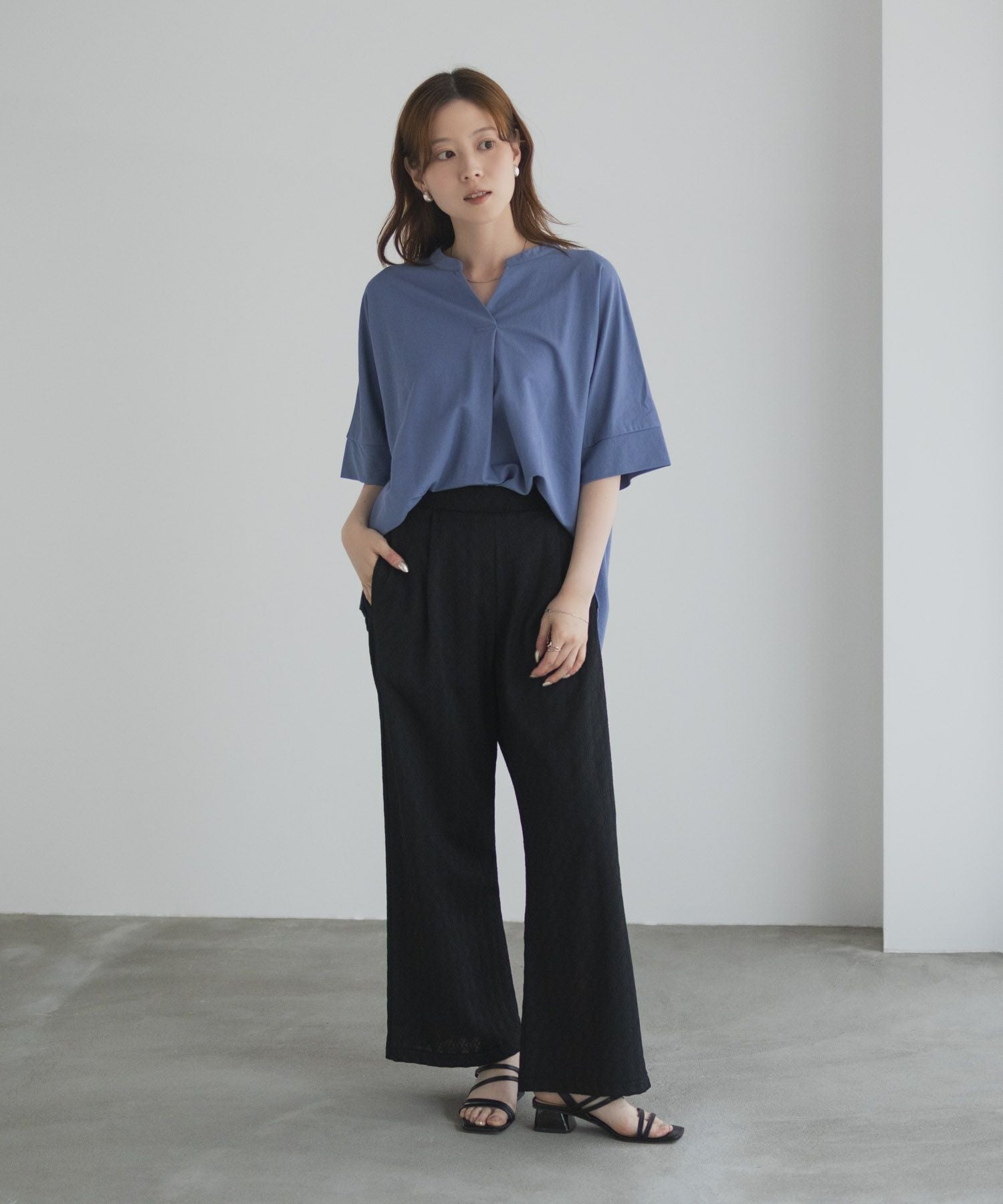 TONAL [洗える]5分袖スキッパーブラウス M ネイビー NAVY ブラウス シャツ 5分袖スキッパーブラウス レディース