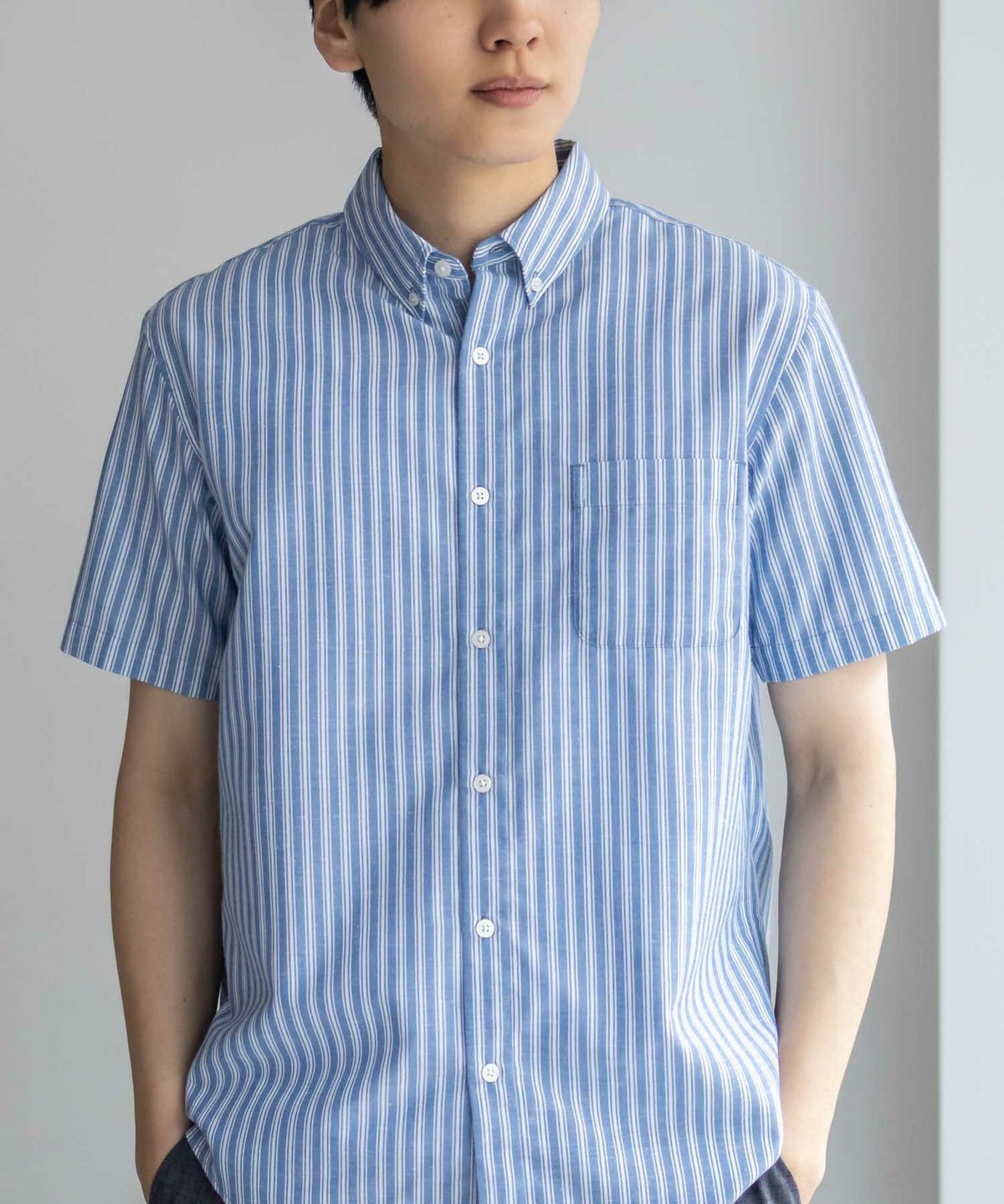 NAVY COOLMAX リネン混ボタンダウン半袖シャツ メンズ