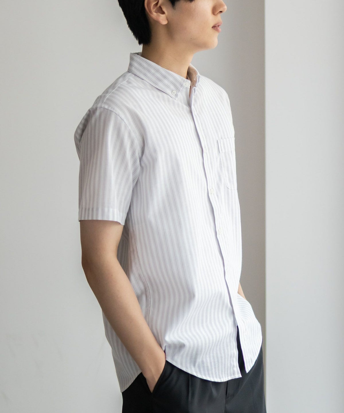 NAVY COOLMAX リネン混ボタンダウン半袖シャツ メンズ