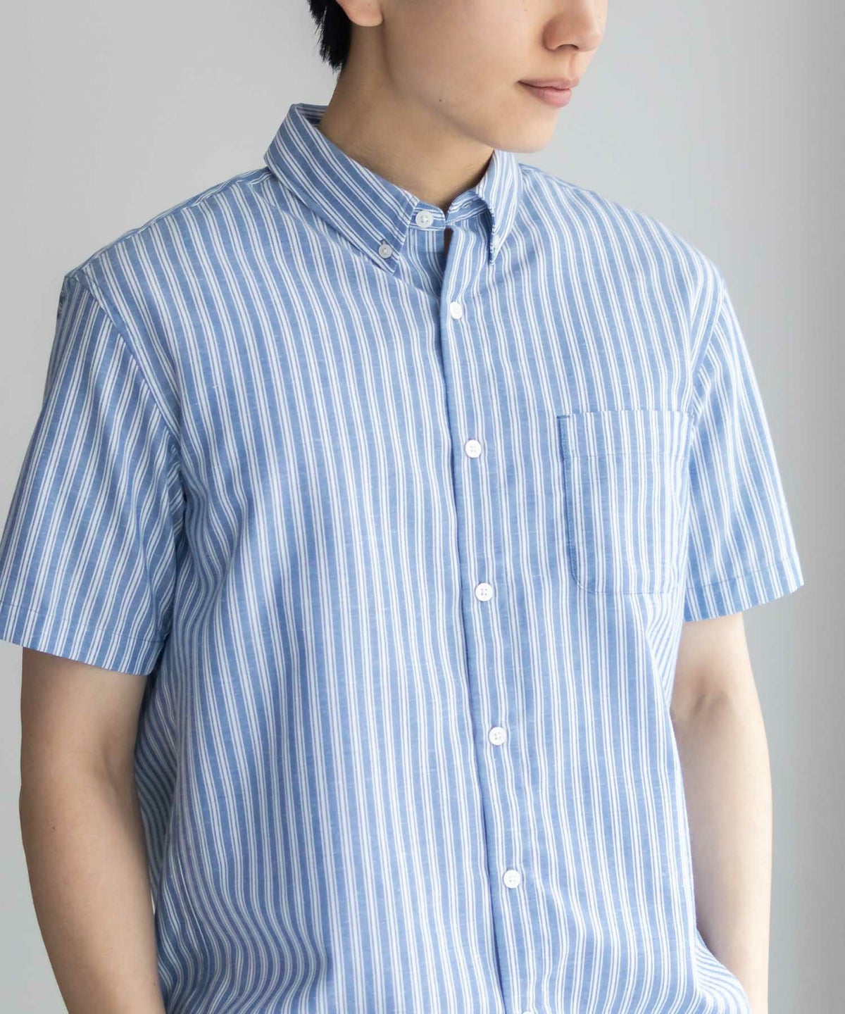 NAVY COOLMAX リネン混ボタンダウン半袖シャツ メンズ