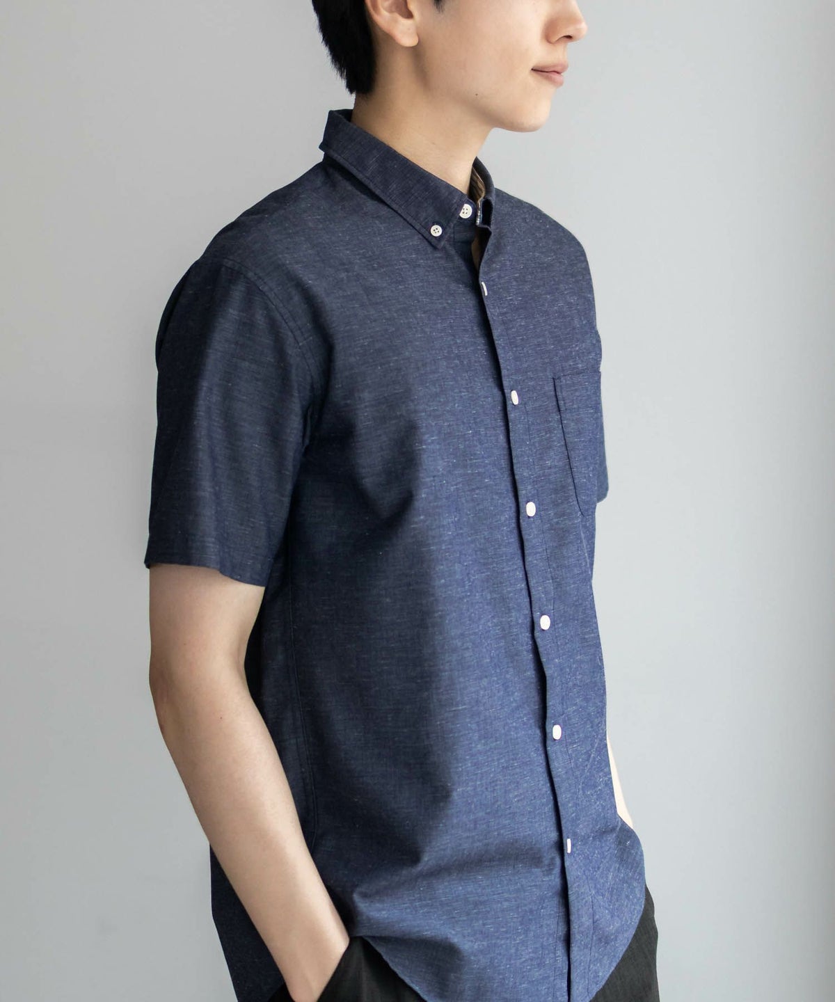 NAVY COOLMAX リネン混ボタンダウン半袖シャツ メンズ