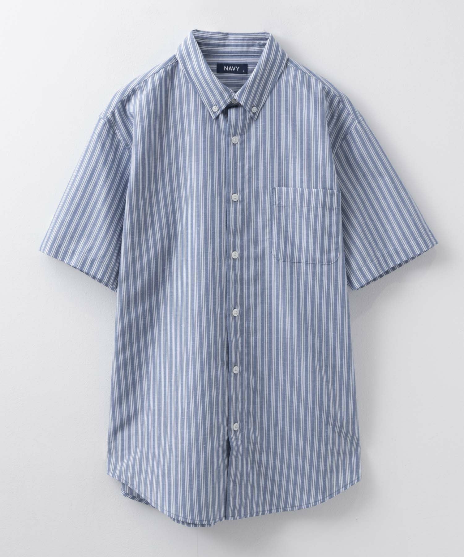 NAVY COOLMAX リネン混ボタンダウン半袖シャツ メンズ
