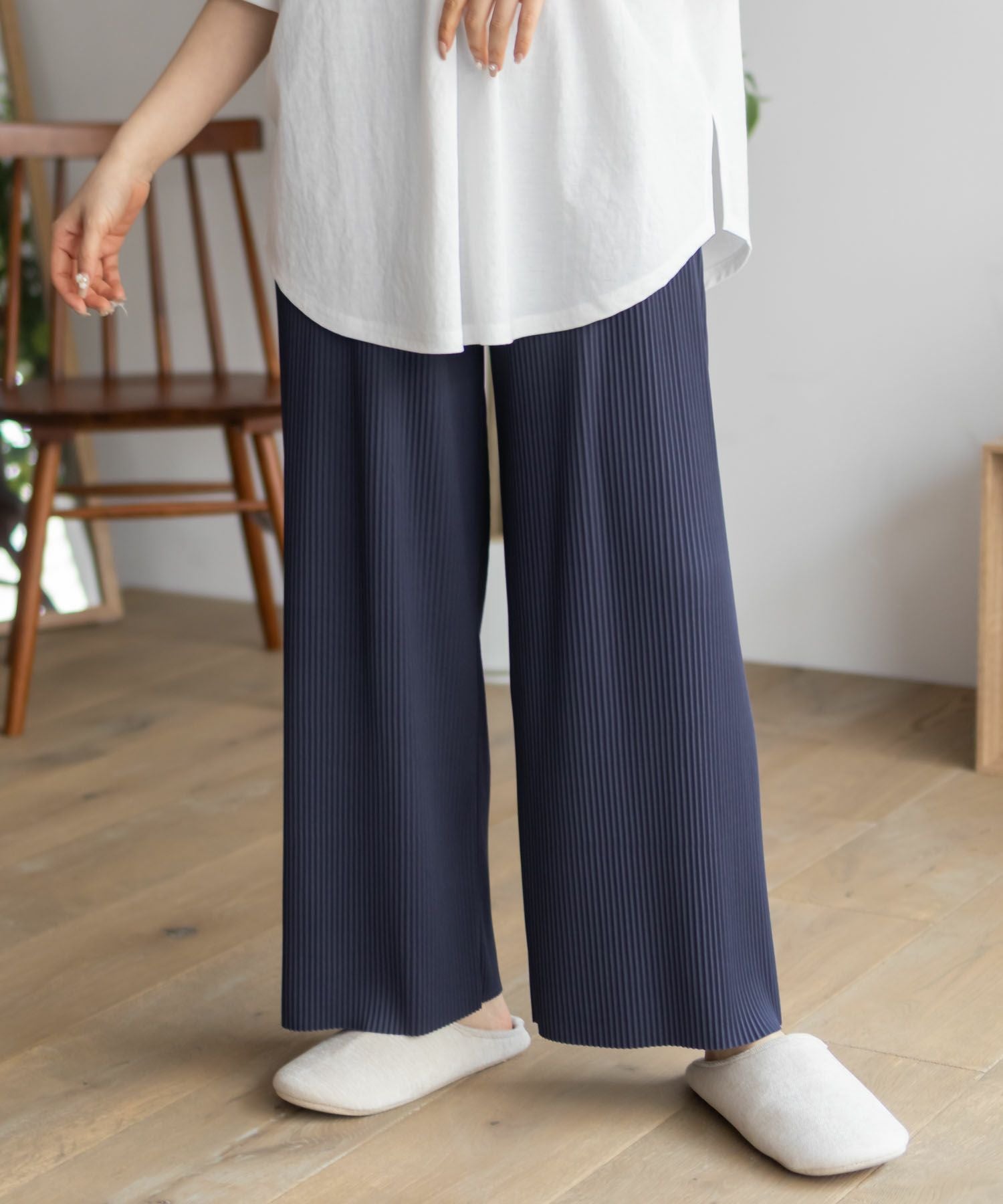 プランテーションネイビー プリーツパンツ NAVY ハピ楽 セルフカットプリーツパンツ レディース