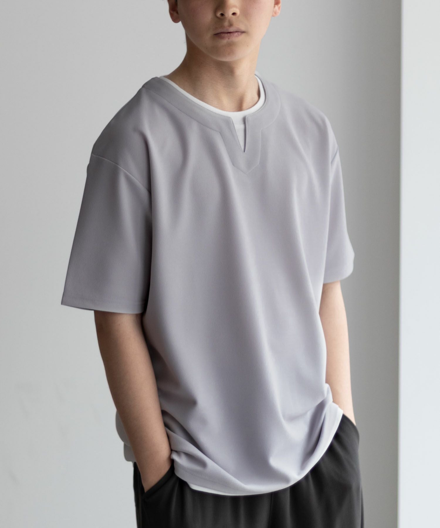 NAVY SARARI 接触冷感 キーネックフェイクレイヤードTシャツ メンズ