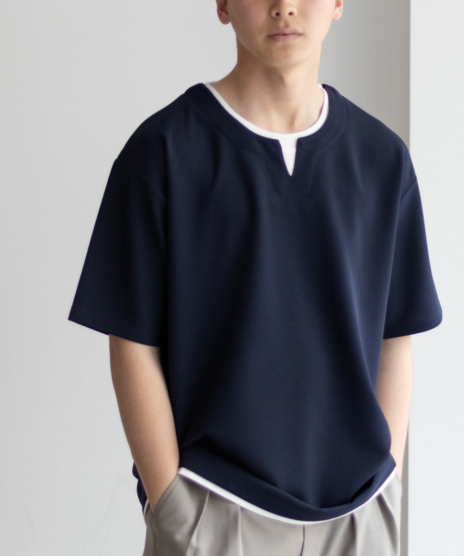 NAVY SARARI 接触冷感 キーネックフェイクレイヤードTシャツ メンズ