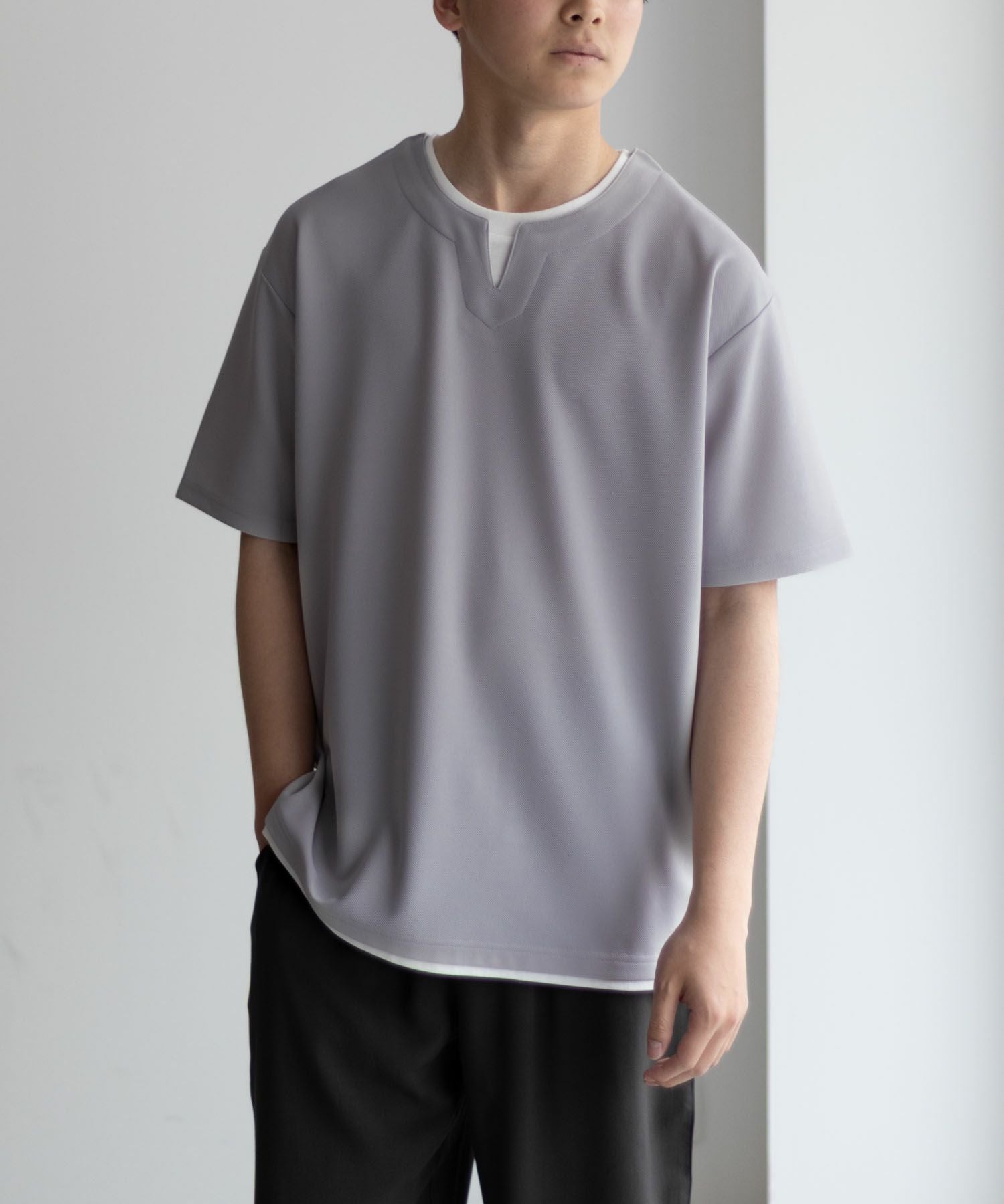 NAVY SARARI 接触冷感 キーネックフェイクレイヤードTシャツ メンズ