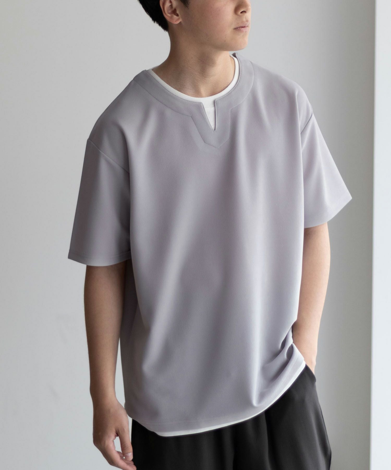 NAVY SARARI 接触冷感 キーネックフェイクレイヤードTシャツ メンズ