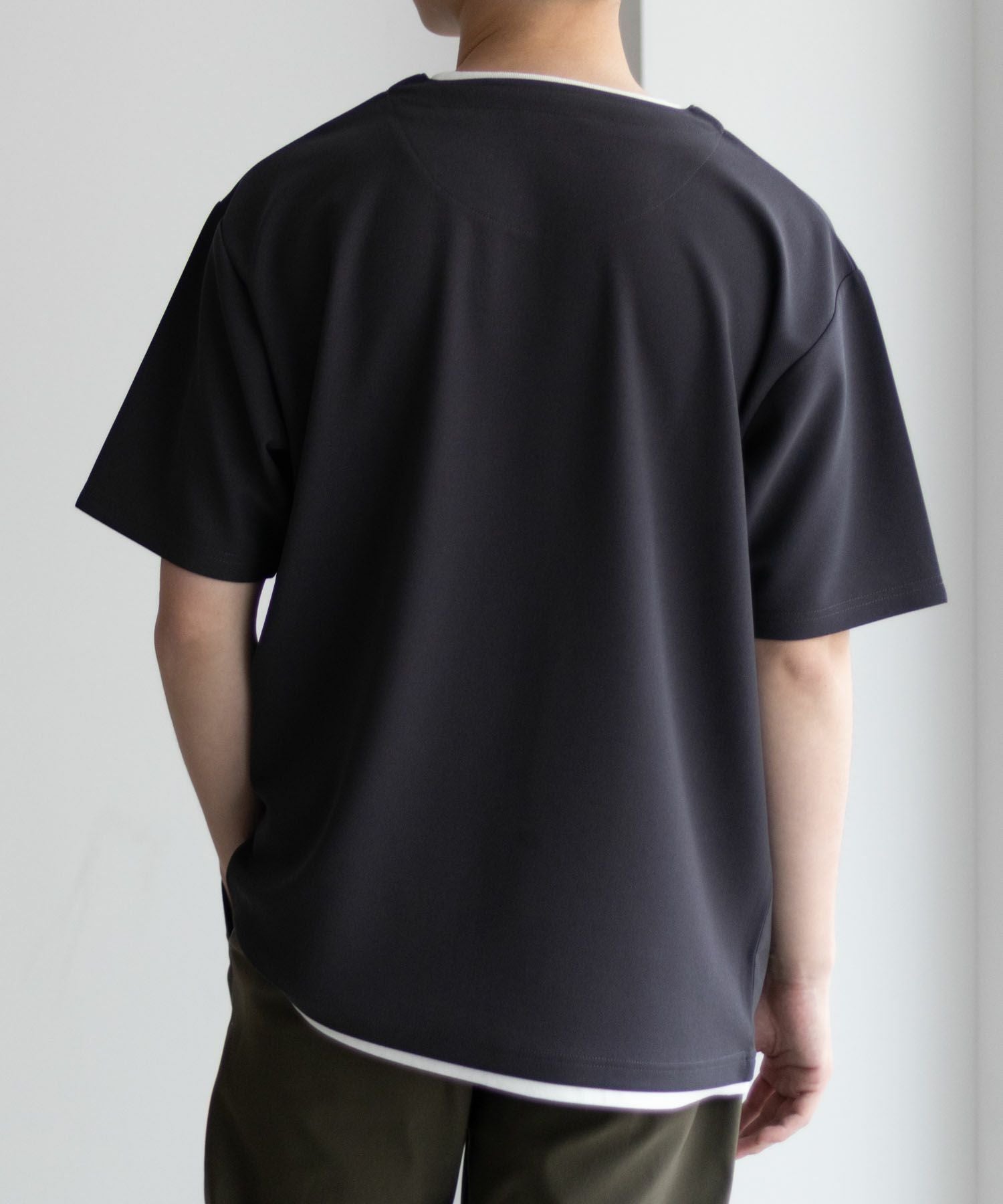 NAVY SARARI 接触冷感 キーネックフェイクレイヤードTシャツ メンズ