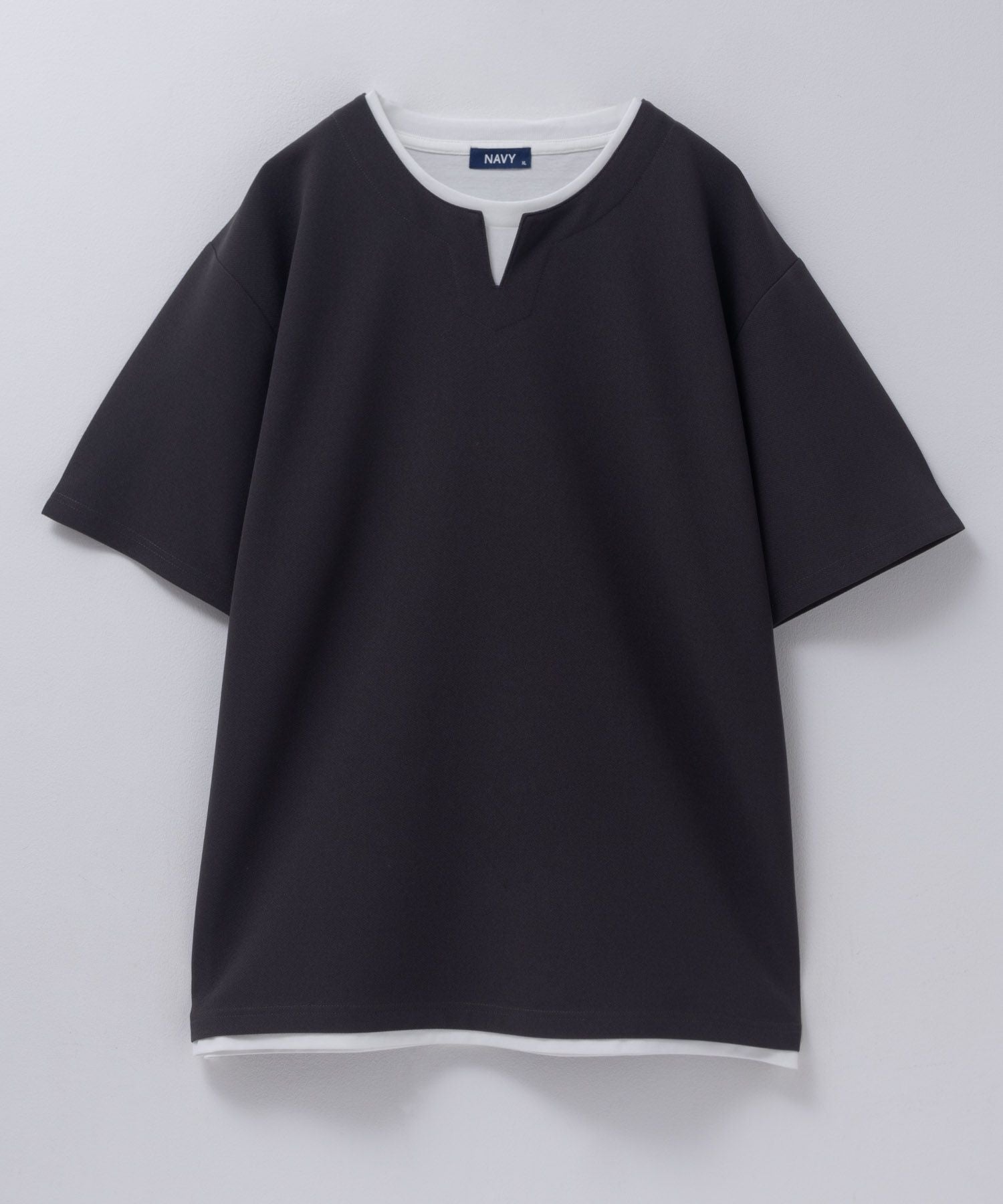 NAVY SARARI 接触冷感 キーネックフェイクレイヤードTシャツ メンズ