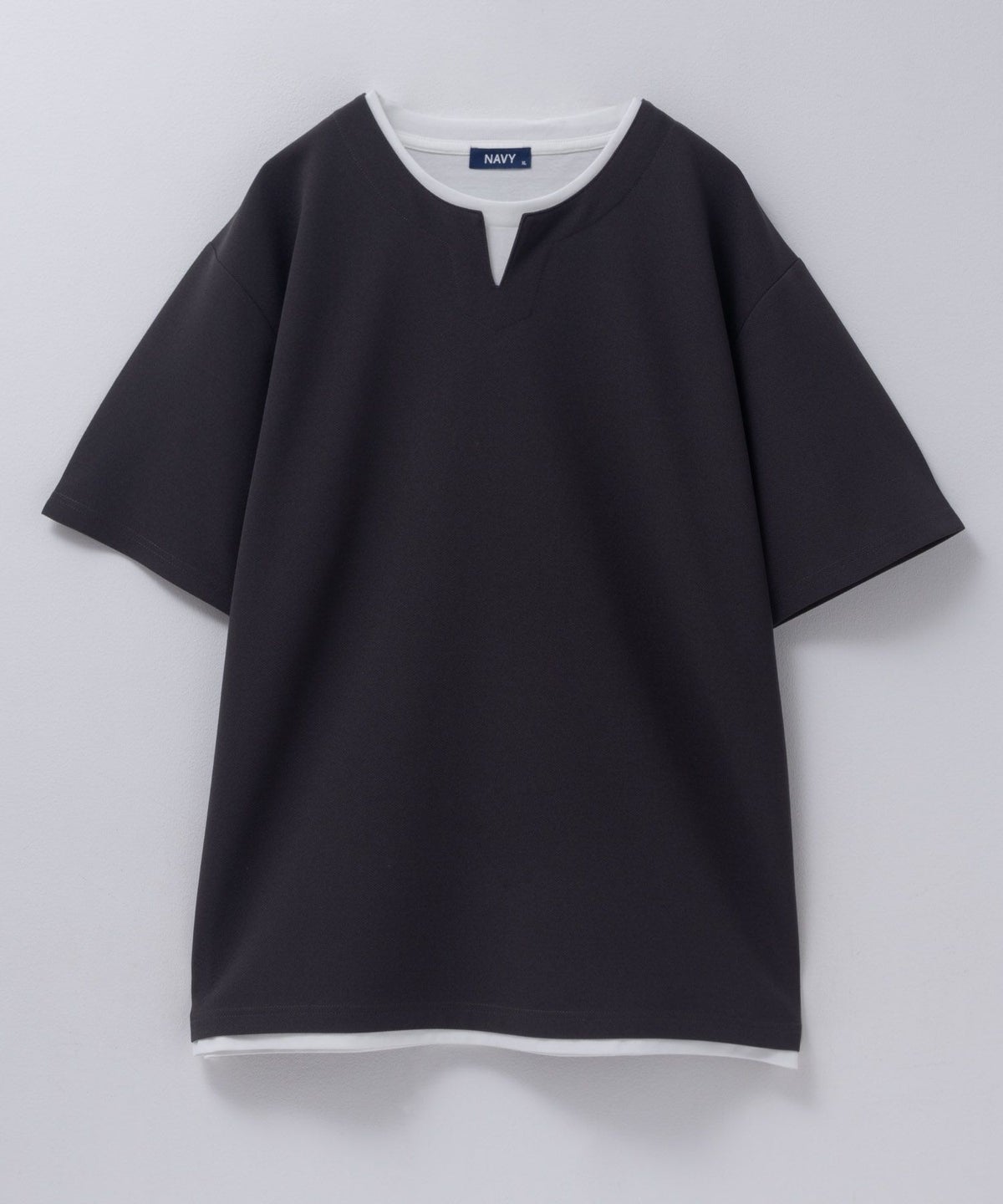 NAVY SARARI 接触冷感 キーネックフェイクレイヤードTシャツ メンズ ネコポス 対応商品