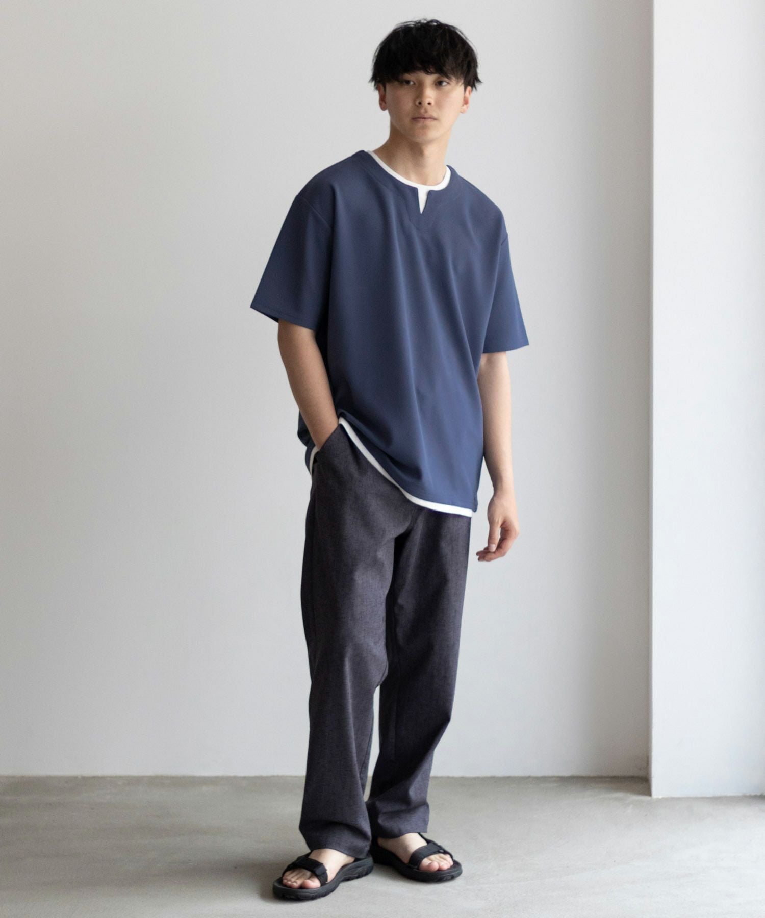 NAVY SARARI 接触冷感 キーネックフェイクレイヤードTシャツ メンズ