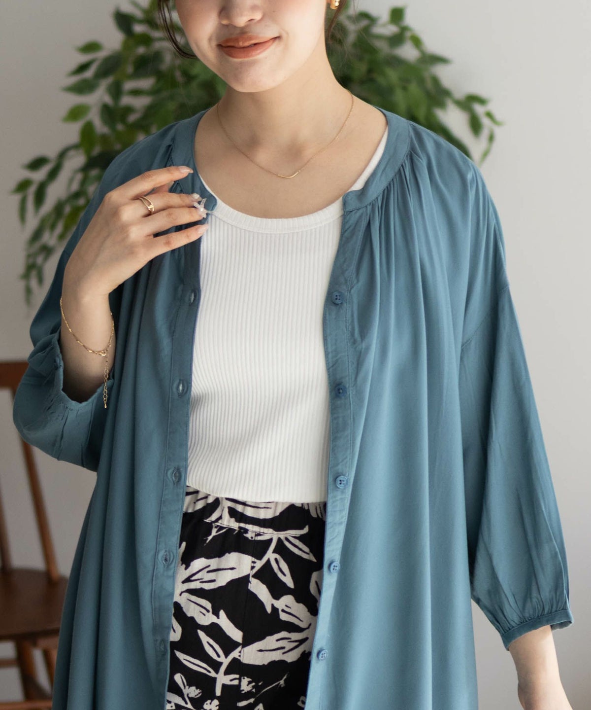 Howdy Marie インドファブリック 7分袖バンドカラーチュニック レディース