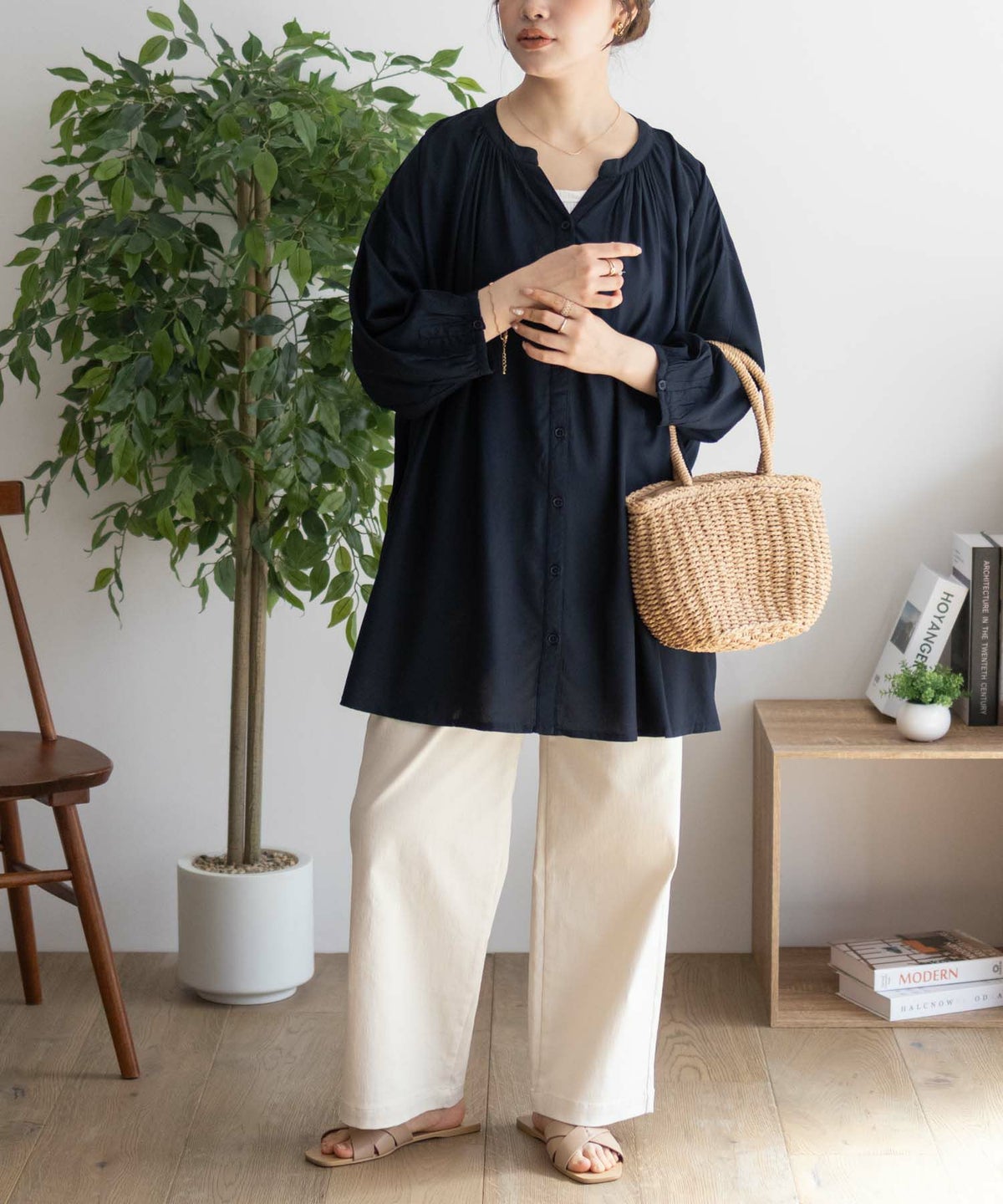 Howdy Marie インドファブリック 7分袖バンドカラーチュニック レディース