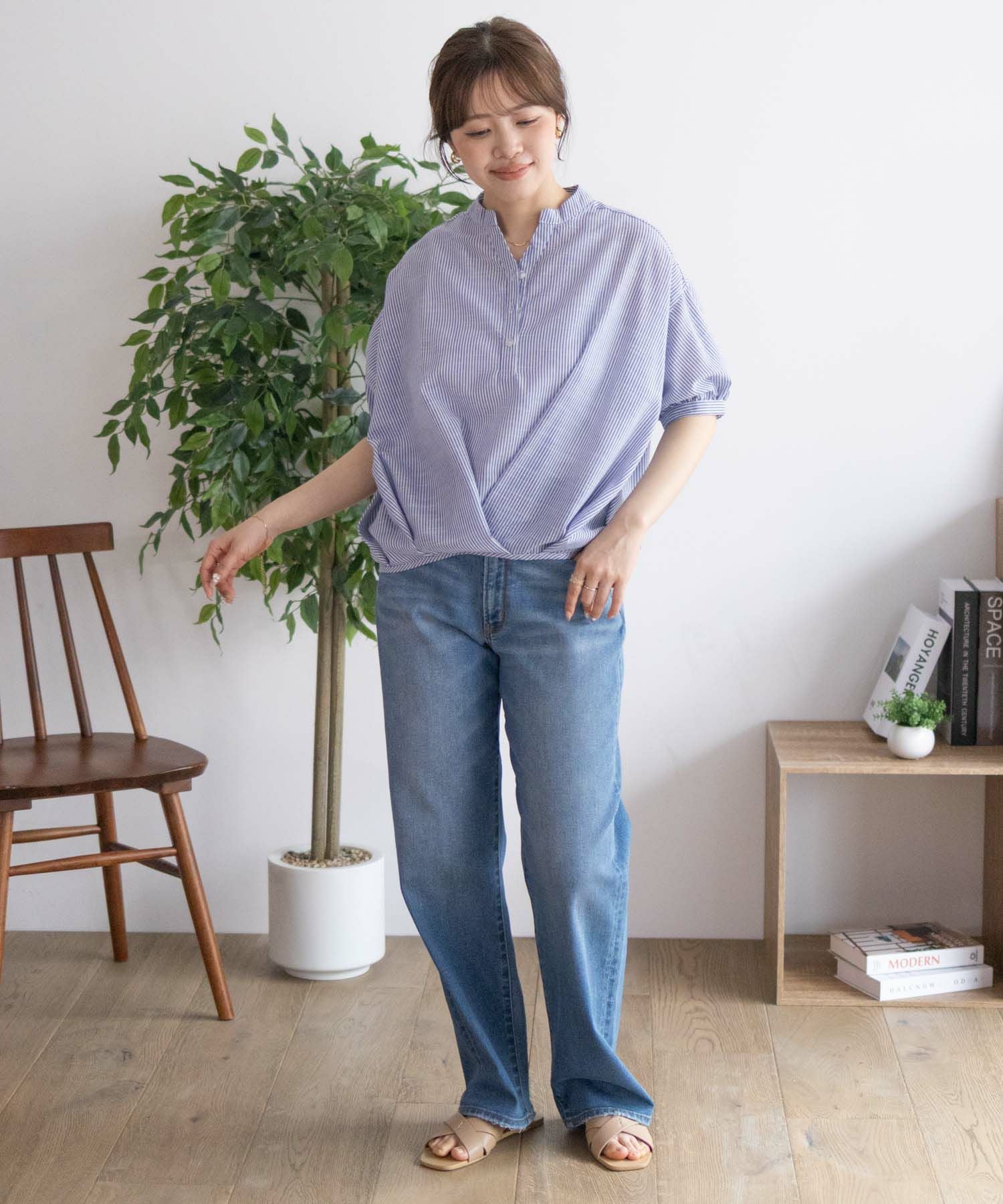 タグ付き　センタータックスキッパーシャツ　無地　シンプル　長袖　紺　ブラウス　襟 タックスキッパーブラウス【洗濯機洗い可】（シャツ・ブラウス