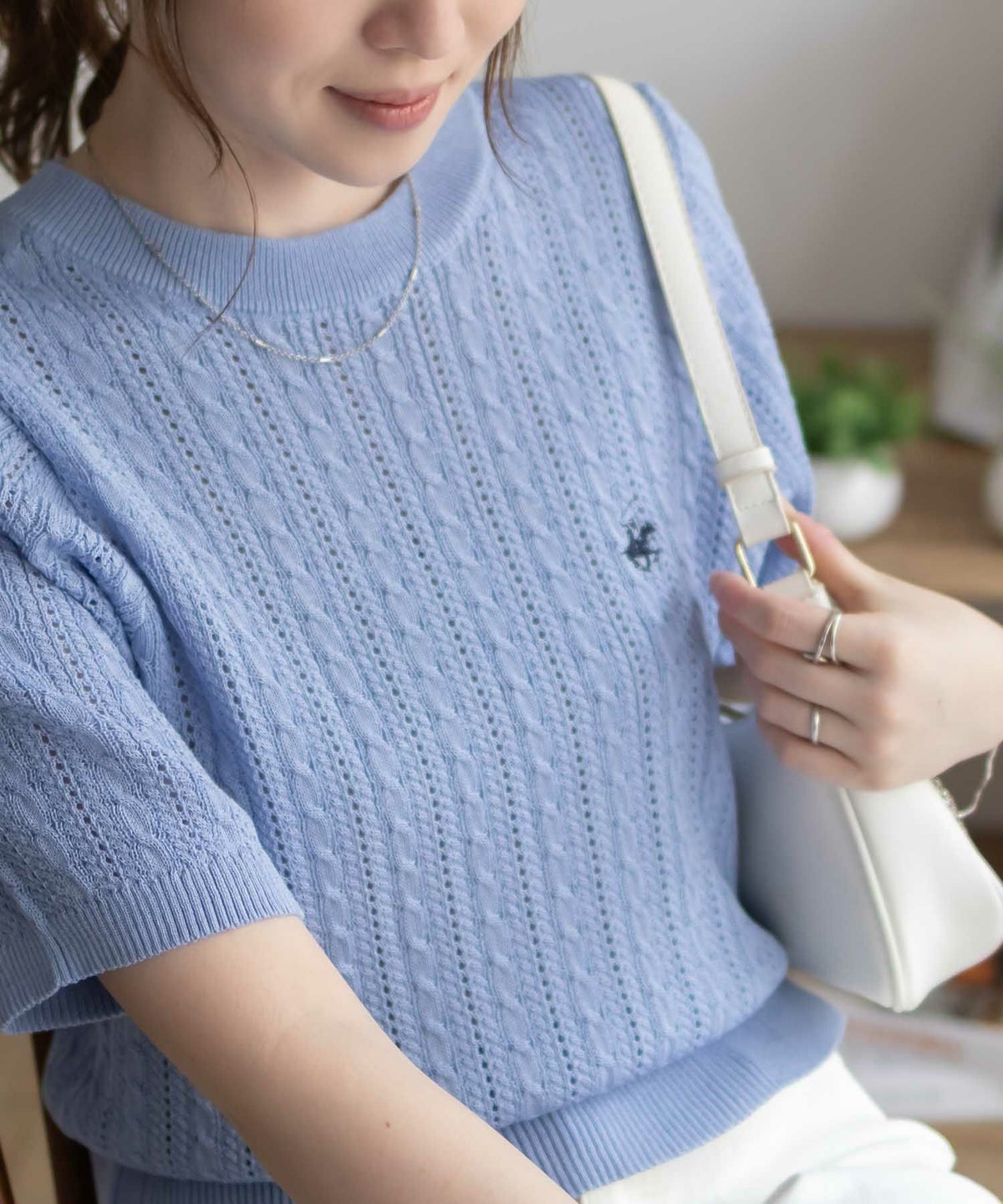 BEVERLY HILLS POLO CLUB ケーブルクルー半袖ニット レディース