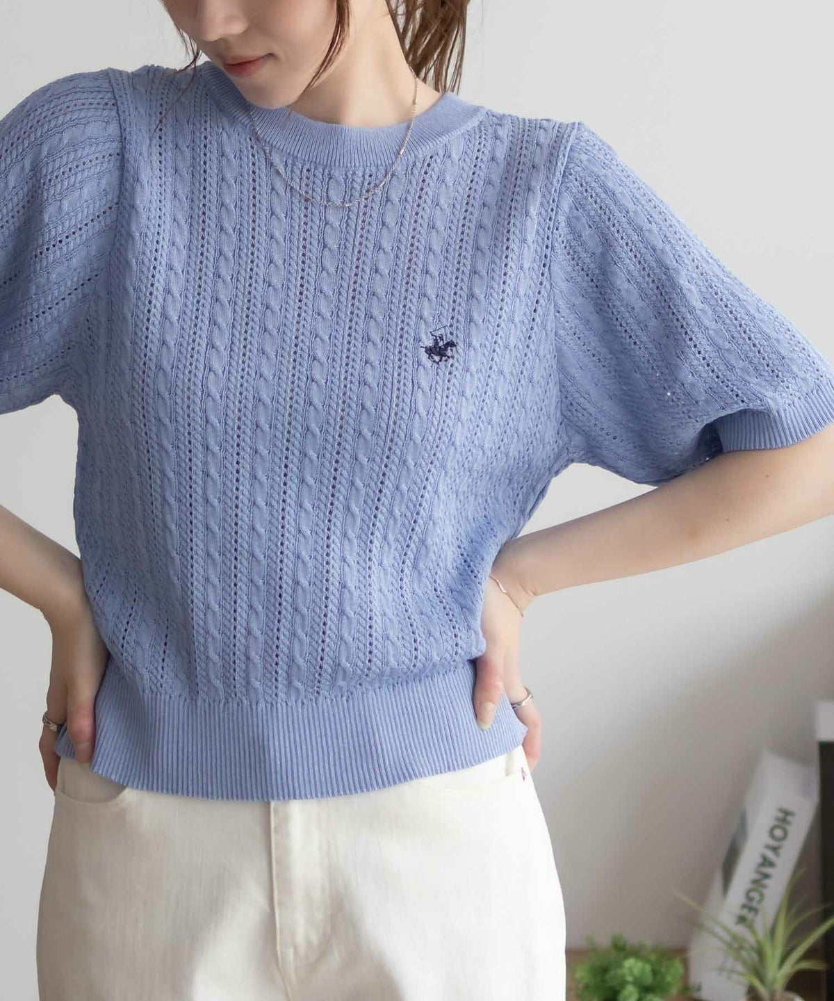 BEVERLY HILLS POLO CLUB ケーブルクルー半袖ニット レディース