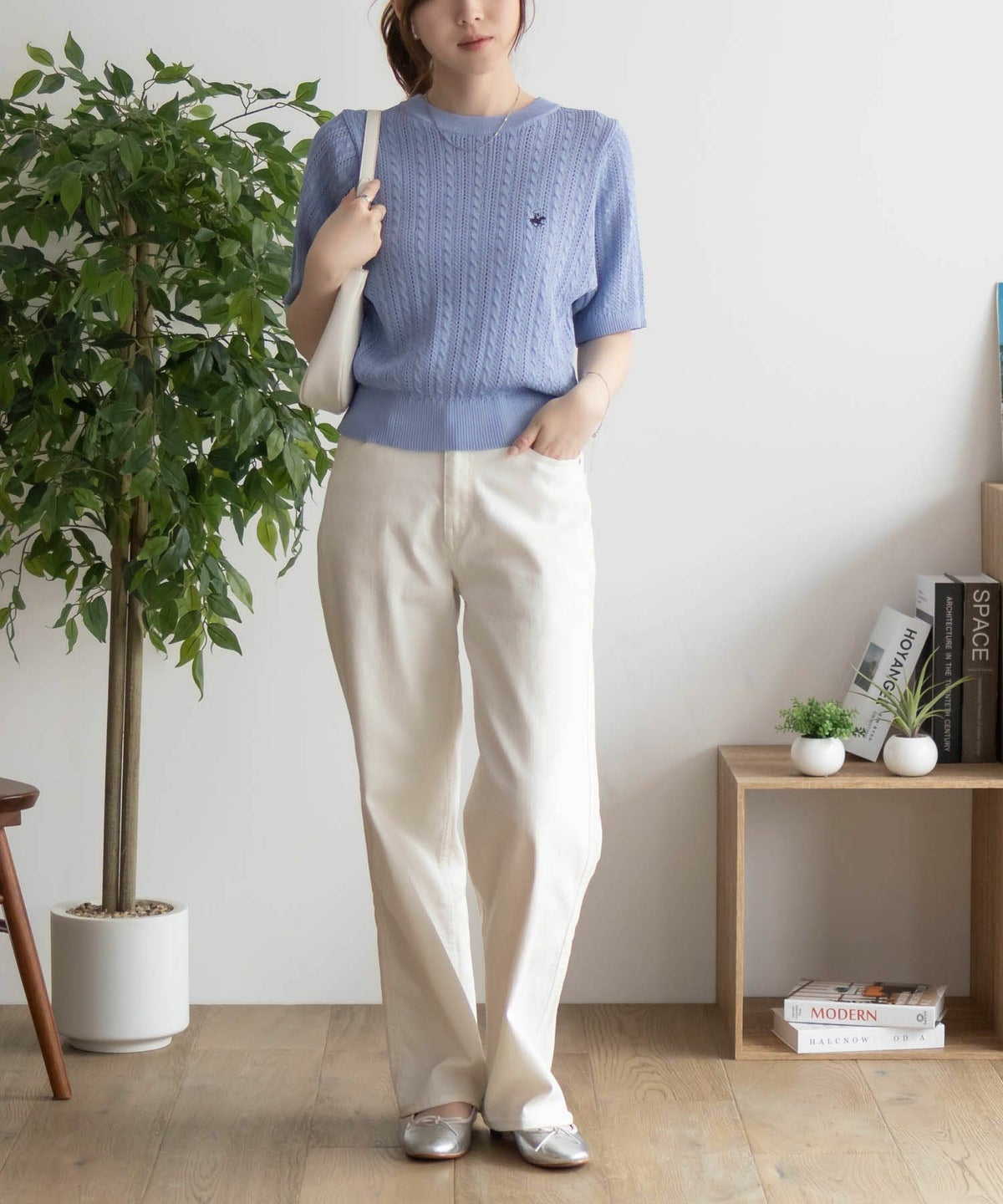 BEVERLY HILLS POLO CLUB ケーブルクルー半袖ニット レディース