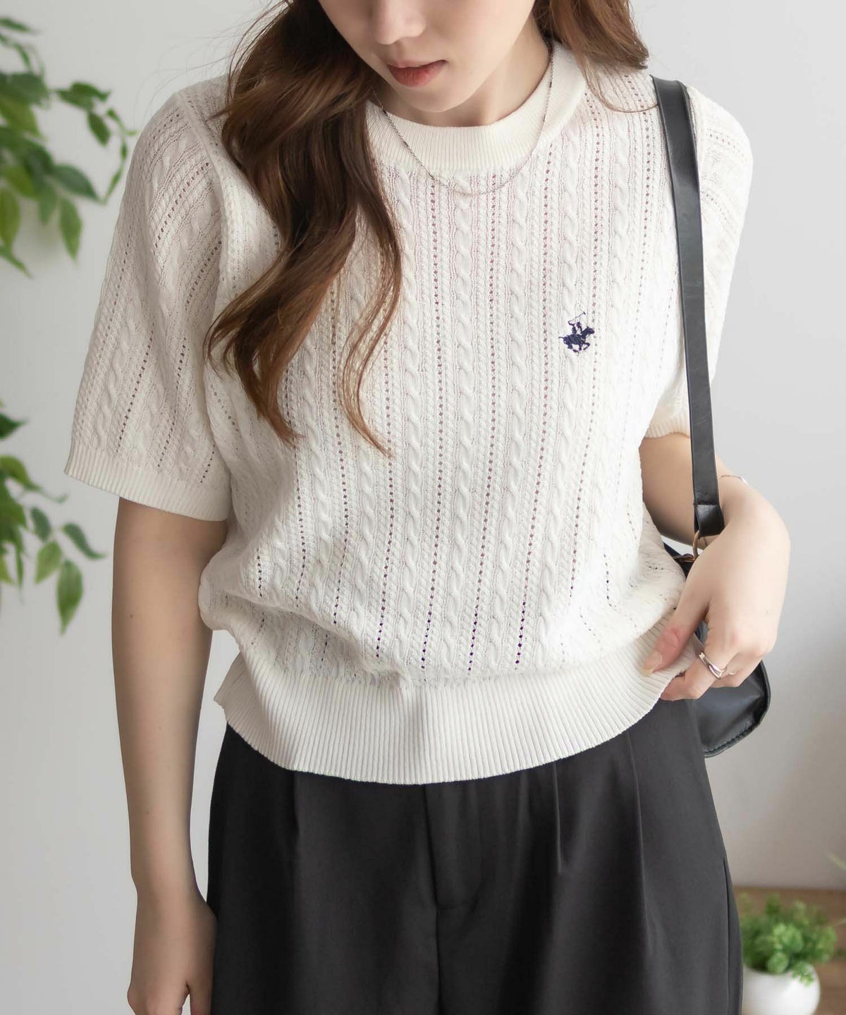 BEVERLY HILLS POLO CLUB ケーブルクルー半袖ニット レディース