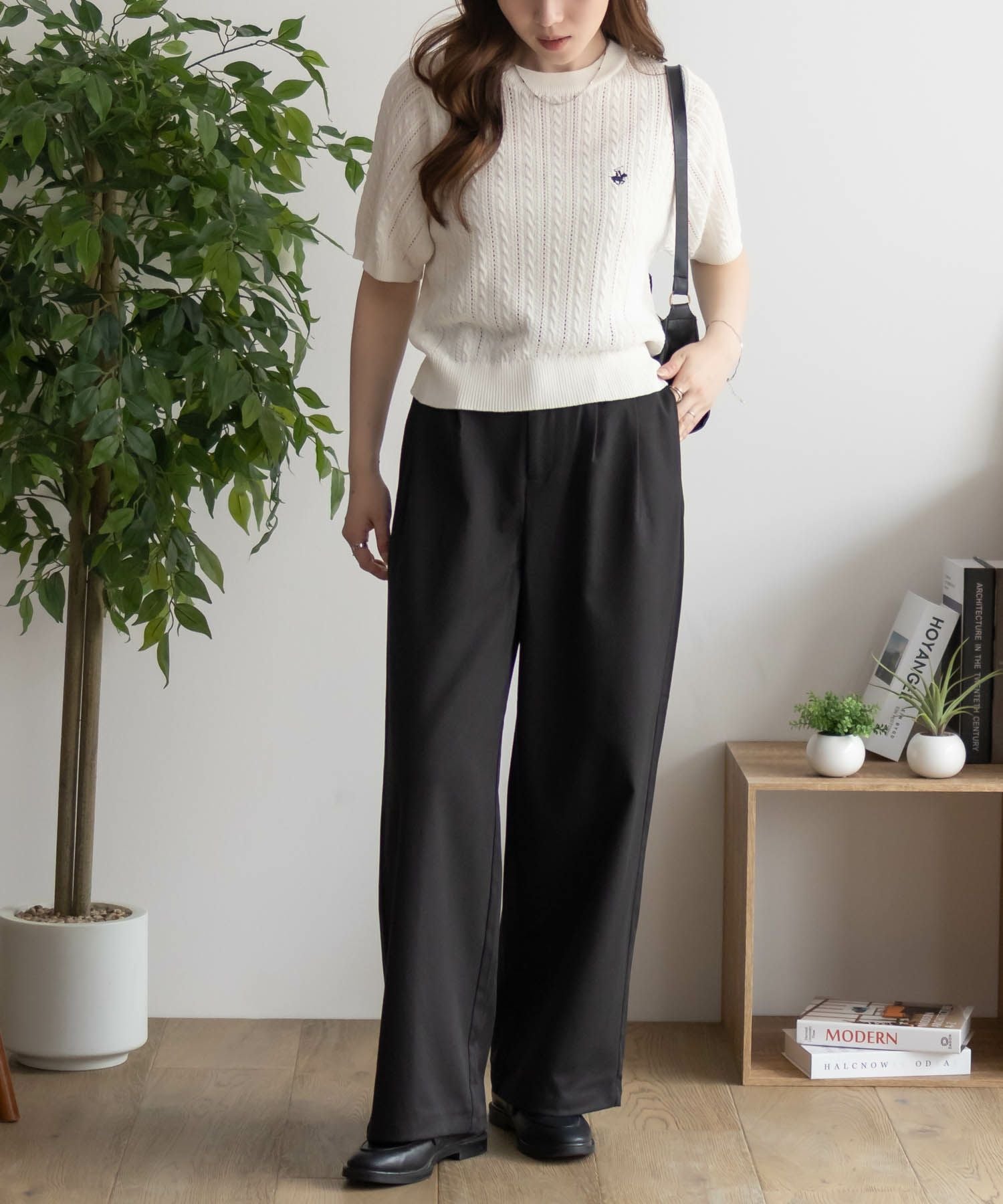 POLO 黒 ケーブルニット 半袖セーター BEVERLY HILLS POLO CLUB ケーブルクルー半袖ニット レディース