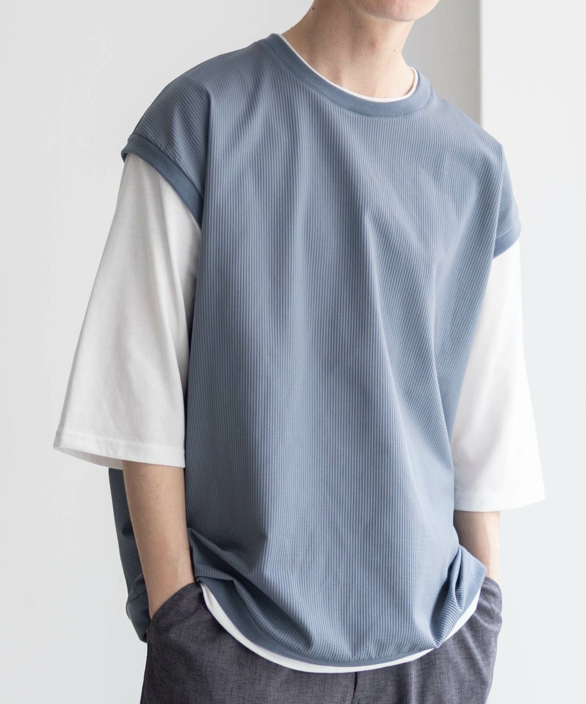 URBAN COLLECTION カットサッカーベストレイヤードTシャツ メンズ