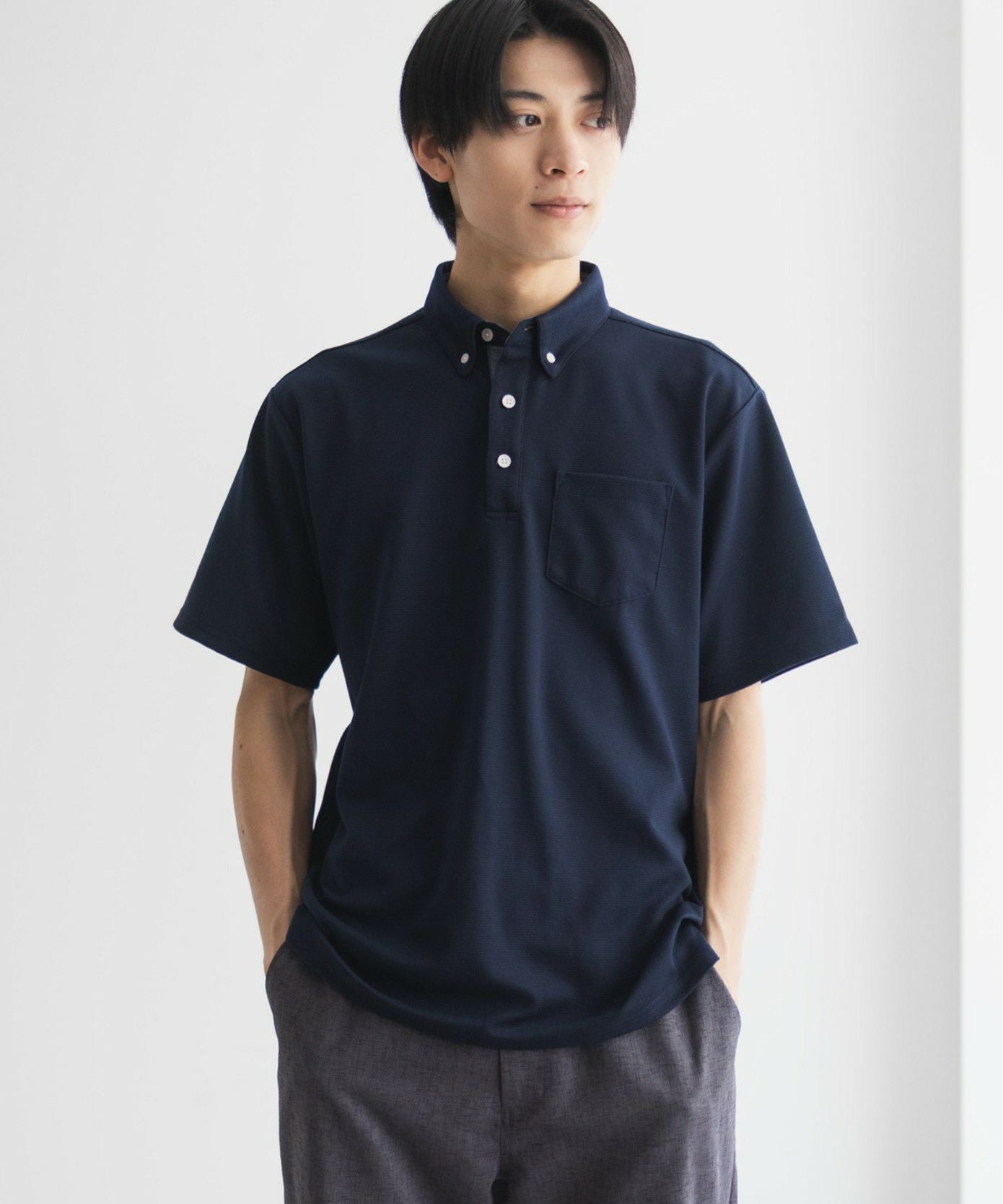 NAVY SARARI リップルボタンダウンカットポロシャツ メンズ
