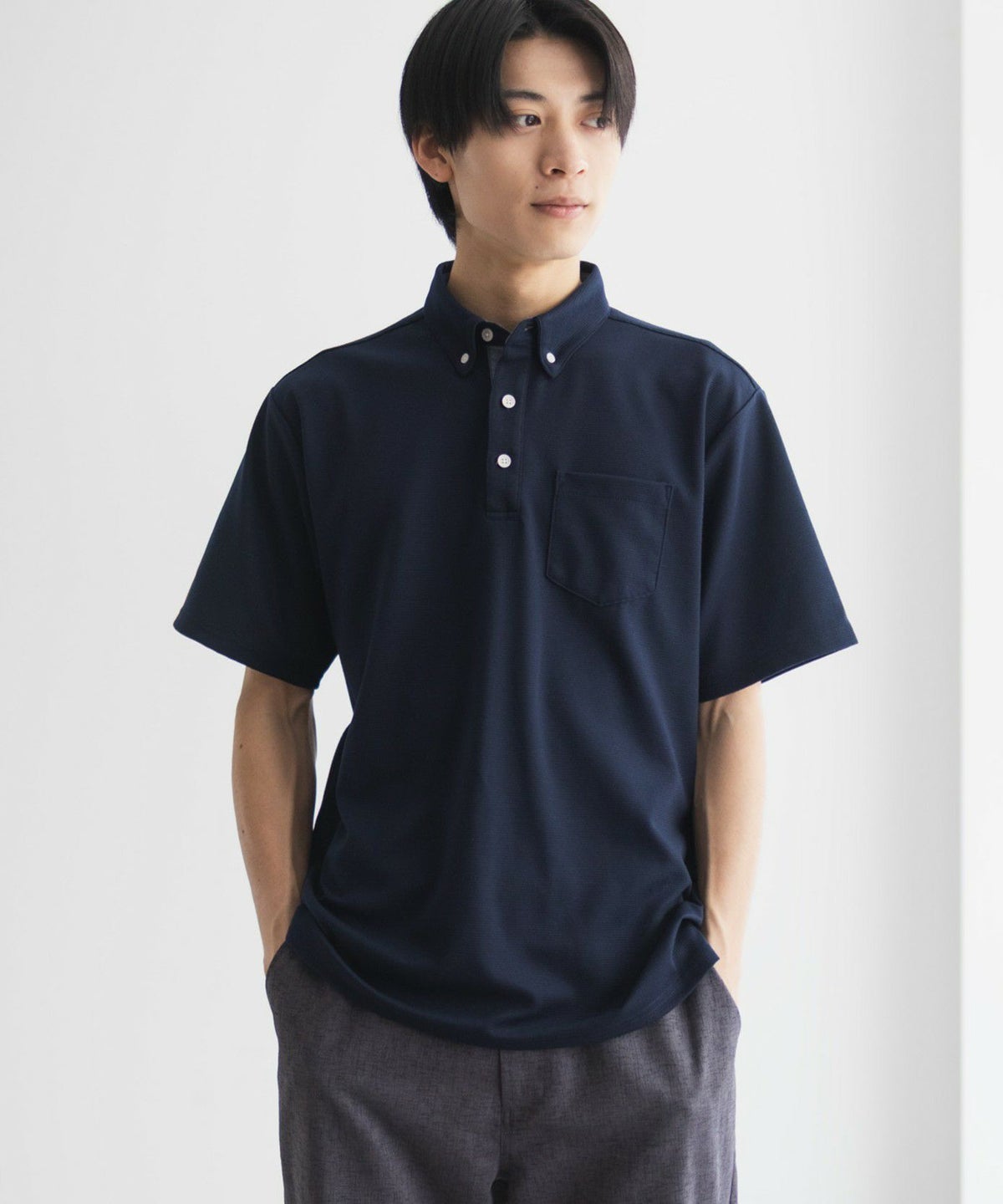 NAVY リップルボタンダウンカットポロシャツ メンズ