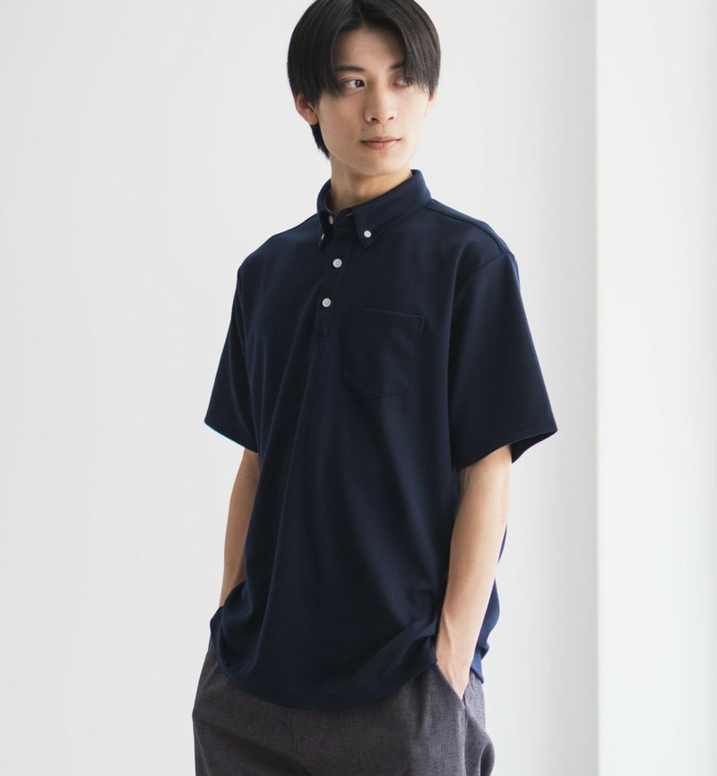 NAVY SARARI リップルボタンダウンカットポロシャツ メンズ商品画像-4