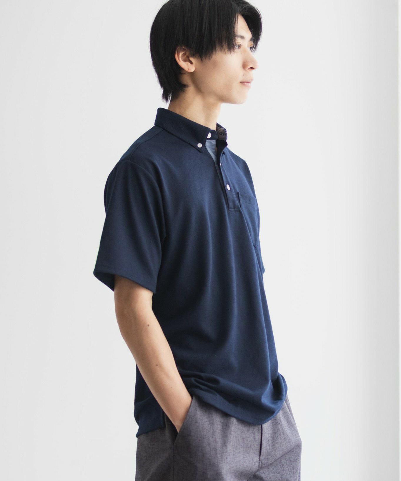 NAVY SARARI リップルボタンダウンカットポロシャツ メンズ