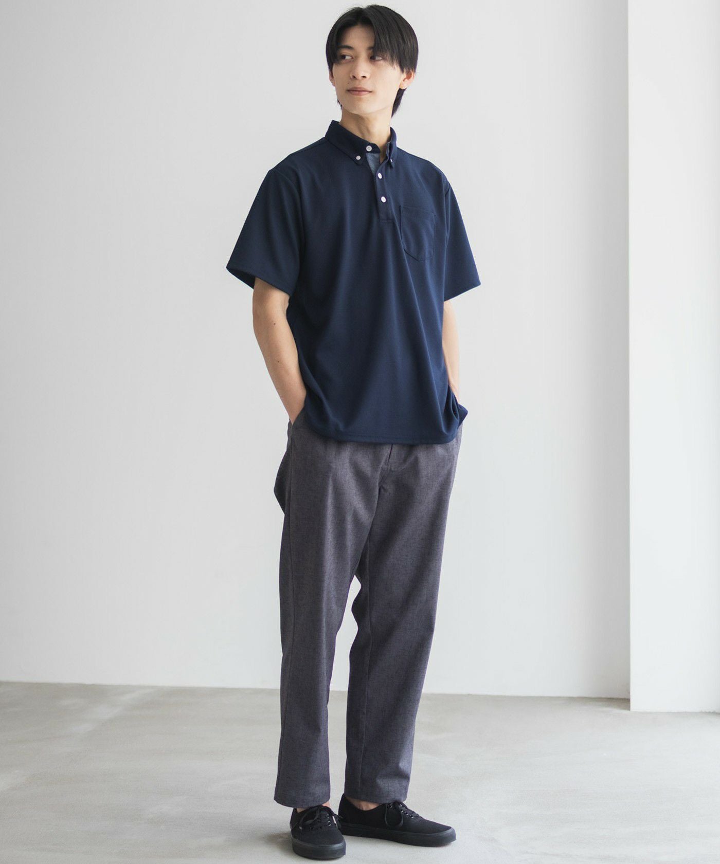 NAVY SARARI リップルボタンダウンカットポロシャツ メンズ