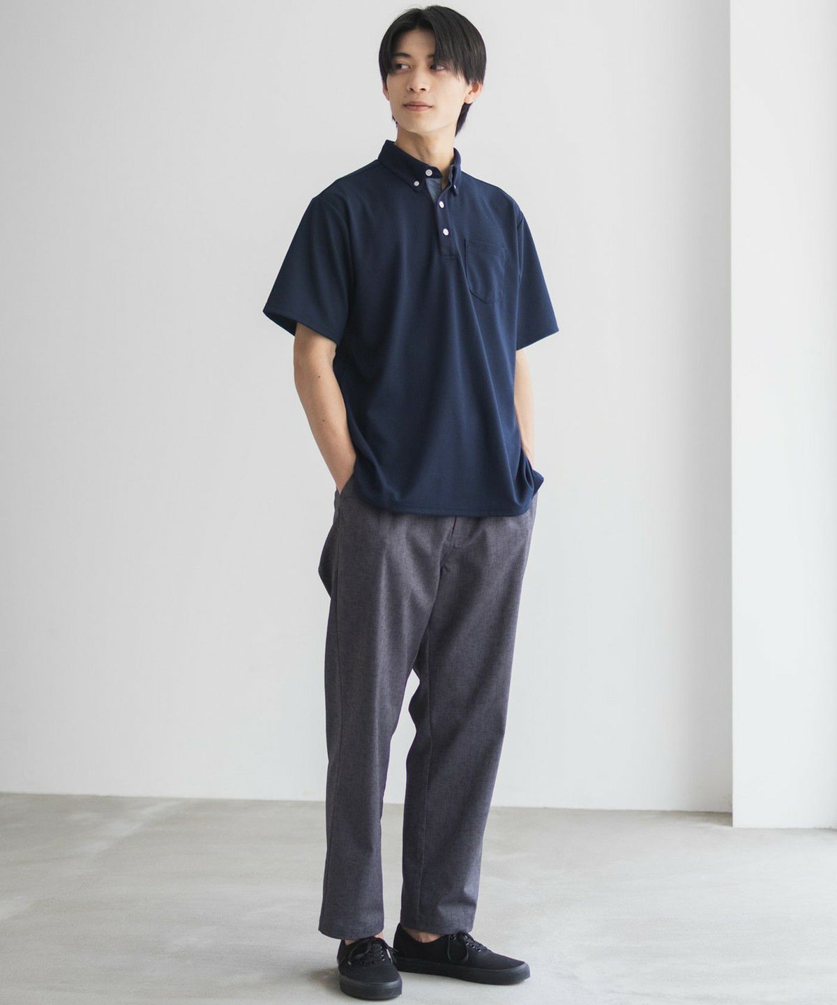 NAVY リップルボタンダウンカットポロシャツ メンズ