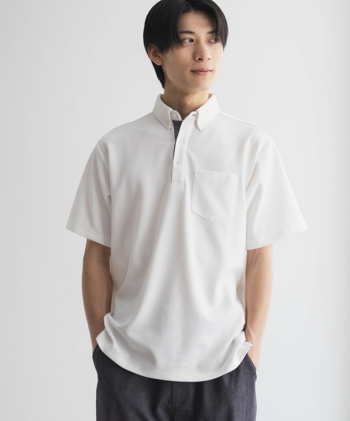 NAVY リップルボタンダウンカットポロシャツ メンズ