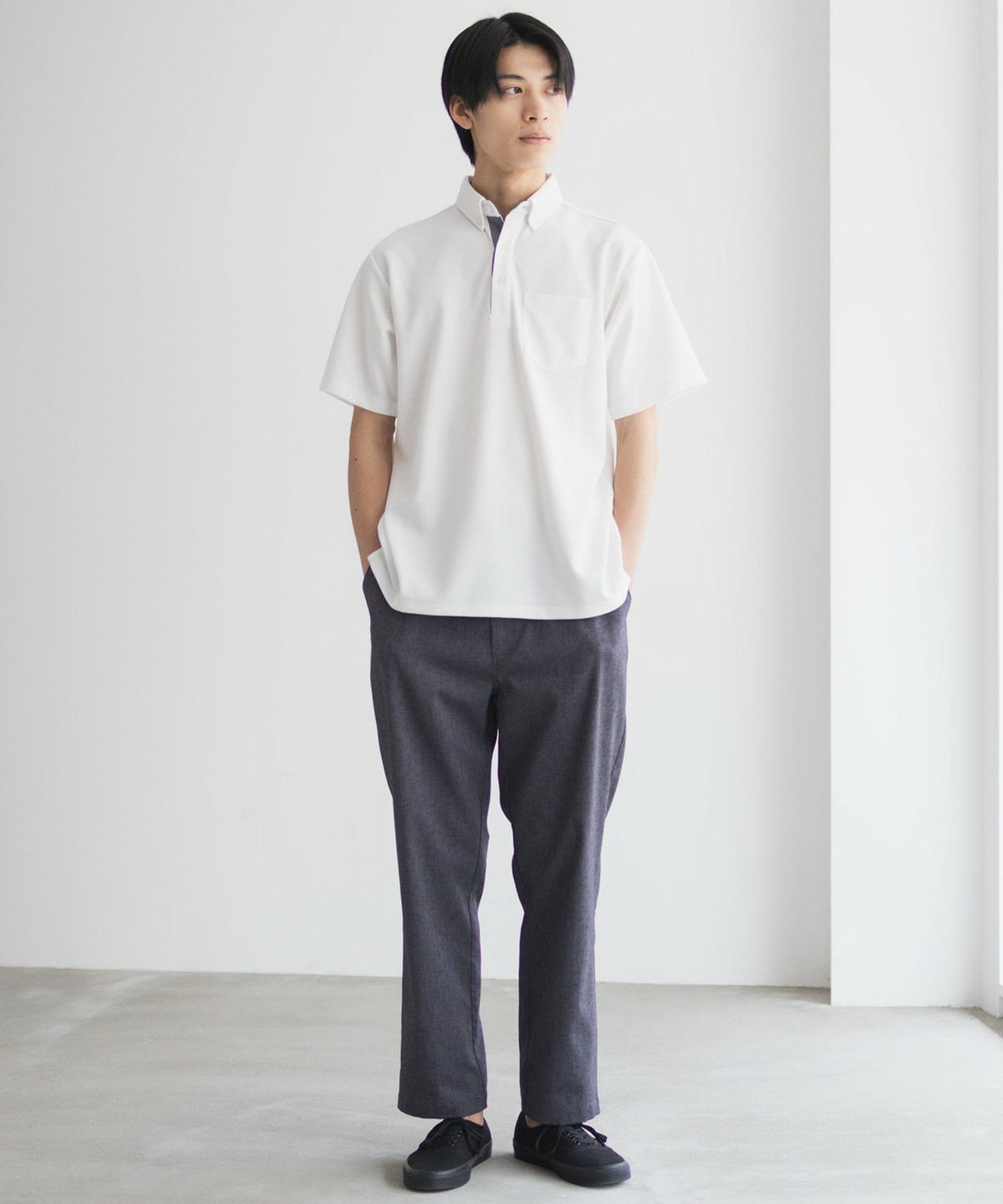 NAVY リップルボタンダウンカットポロシャツ メンズ