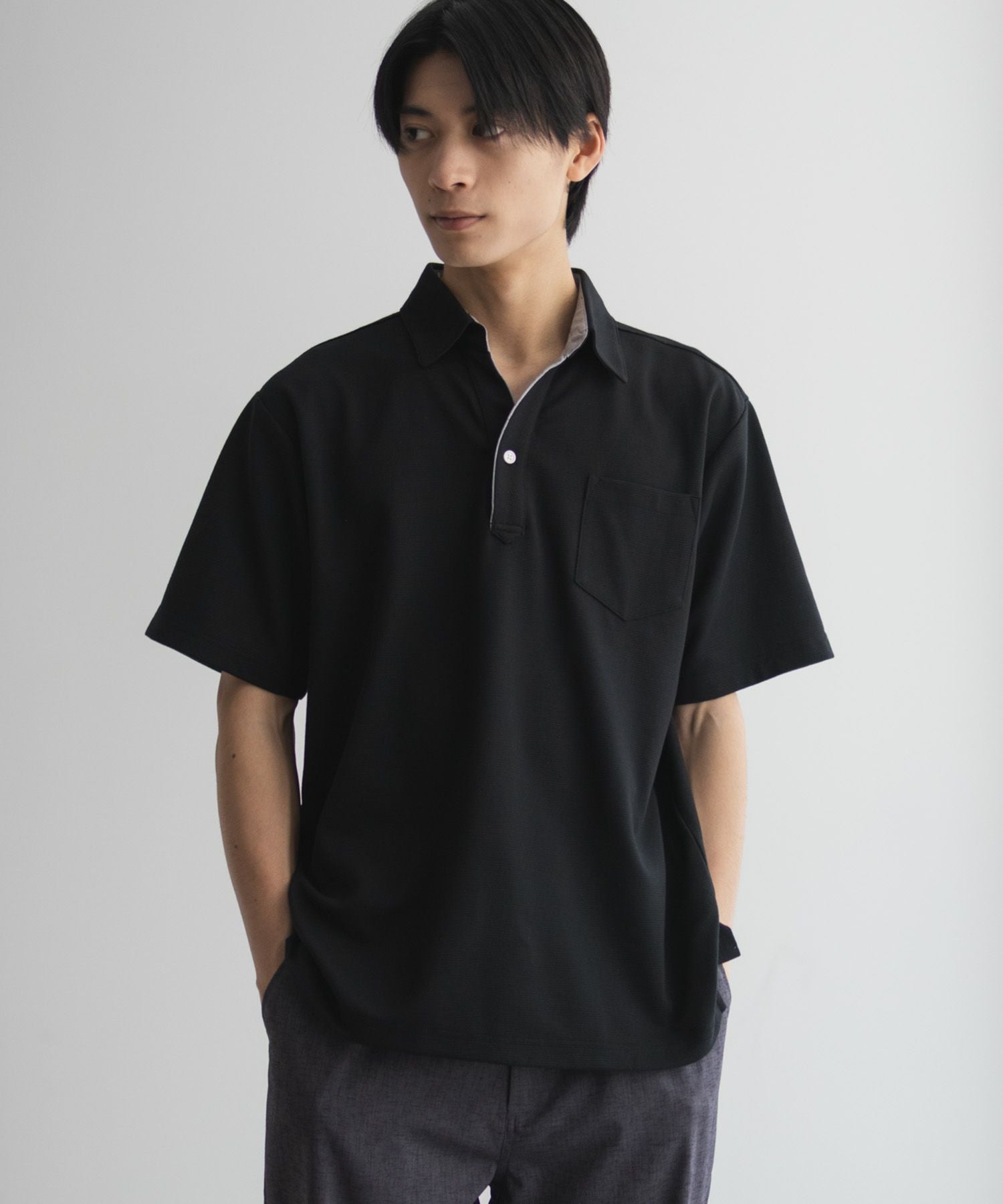 NAVY SARARI リップルスキッパーポロシャツ メンズ